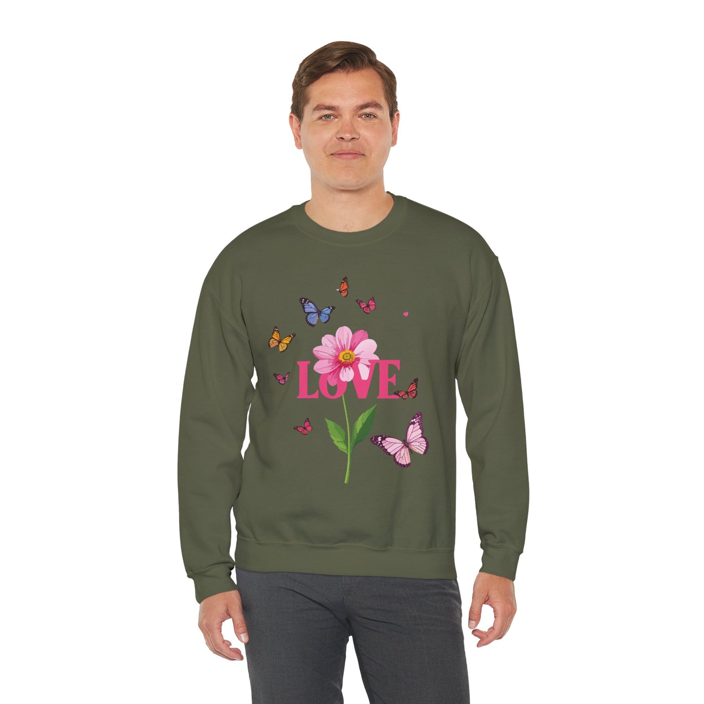 Unisex Floral Love Sweatshirt, Love Floral Sweatshirt, Floral Butterfly Sweatshirt, 50/50 Cotton-Poly Valentine's Day Sweatshirt 01
