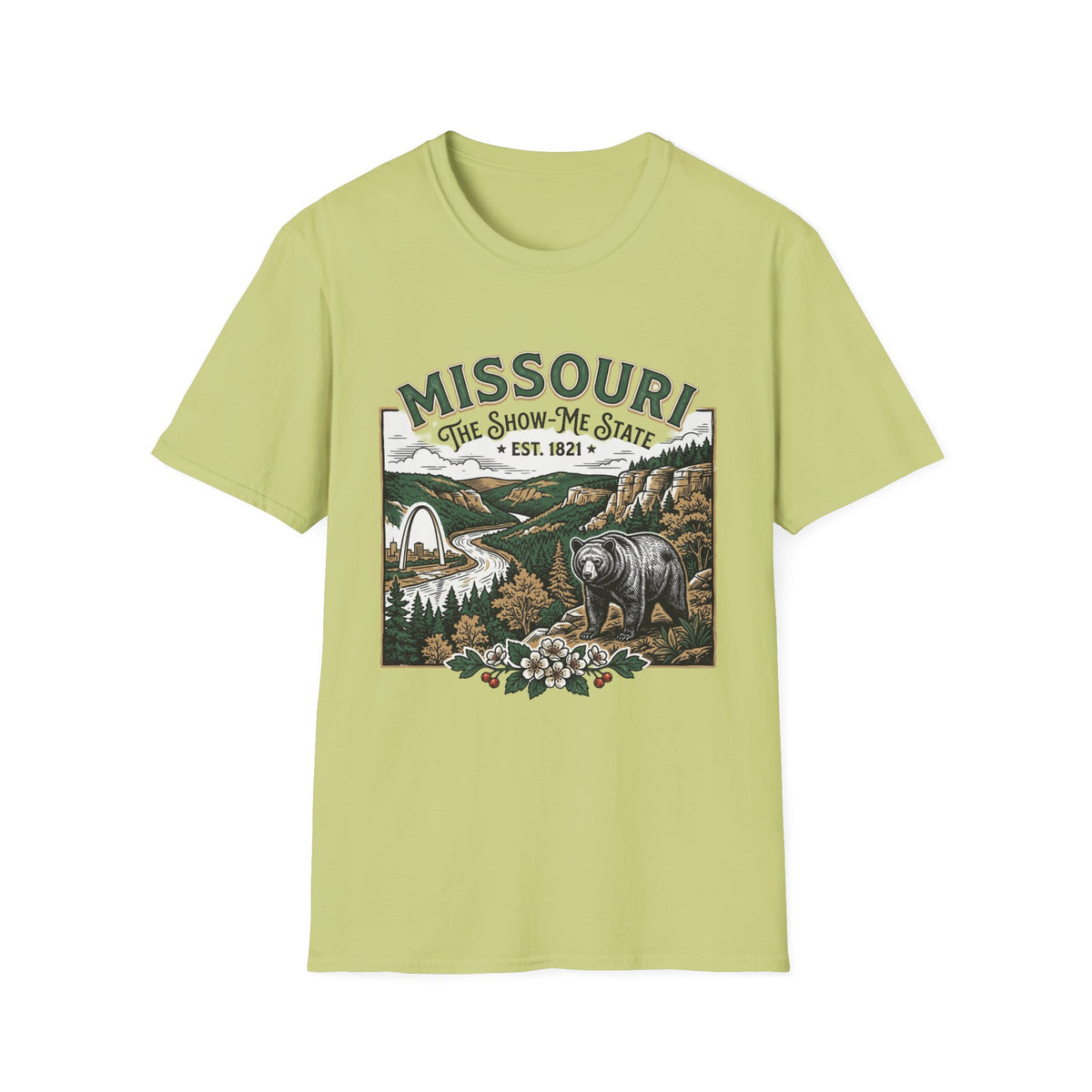 Missouri Vintage State Pride T-Shirt — State Scenic Bear Design Travel Tourist Graphic Design Unisex 100 Cotton Gildan T-Shirt