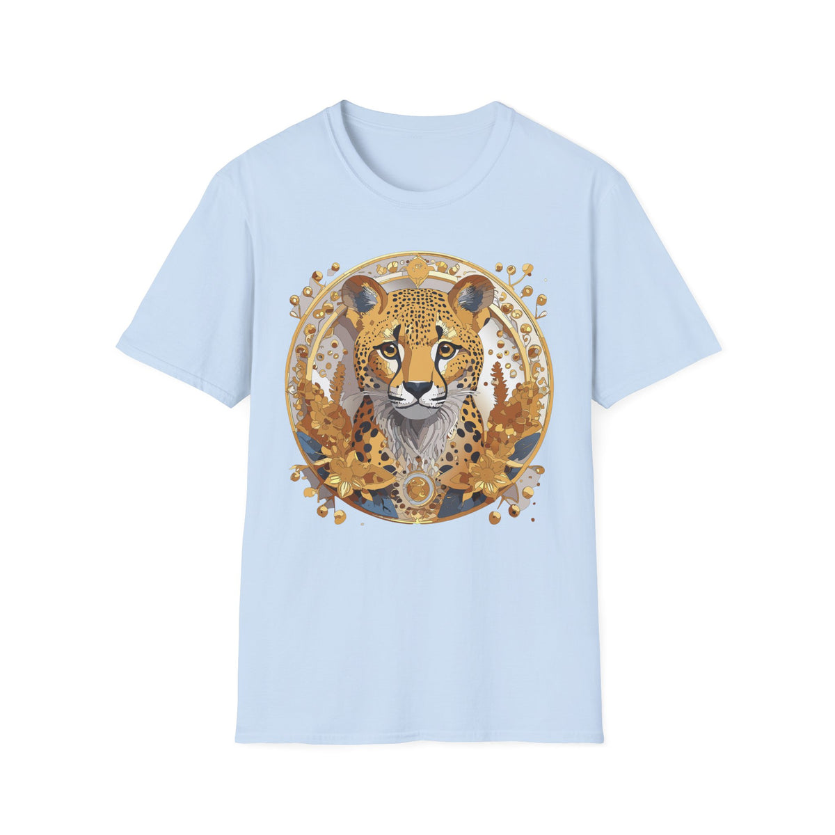Golden Cheetah Face T-Shirt | Floral Accent, Boho Circle Design