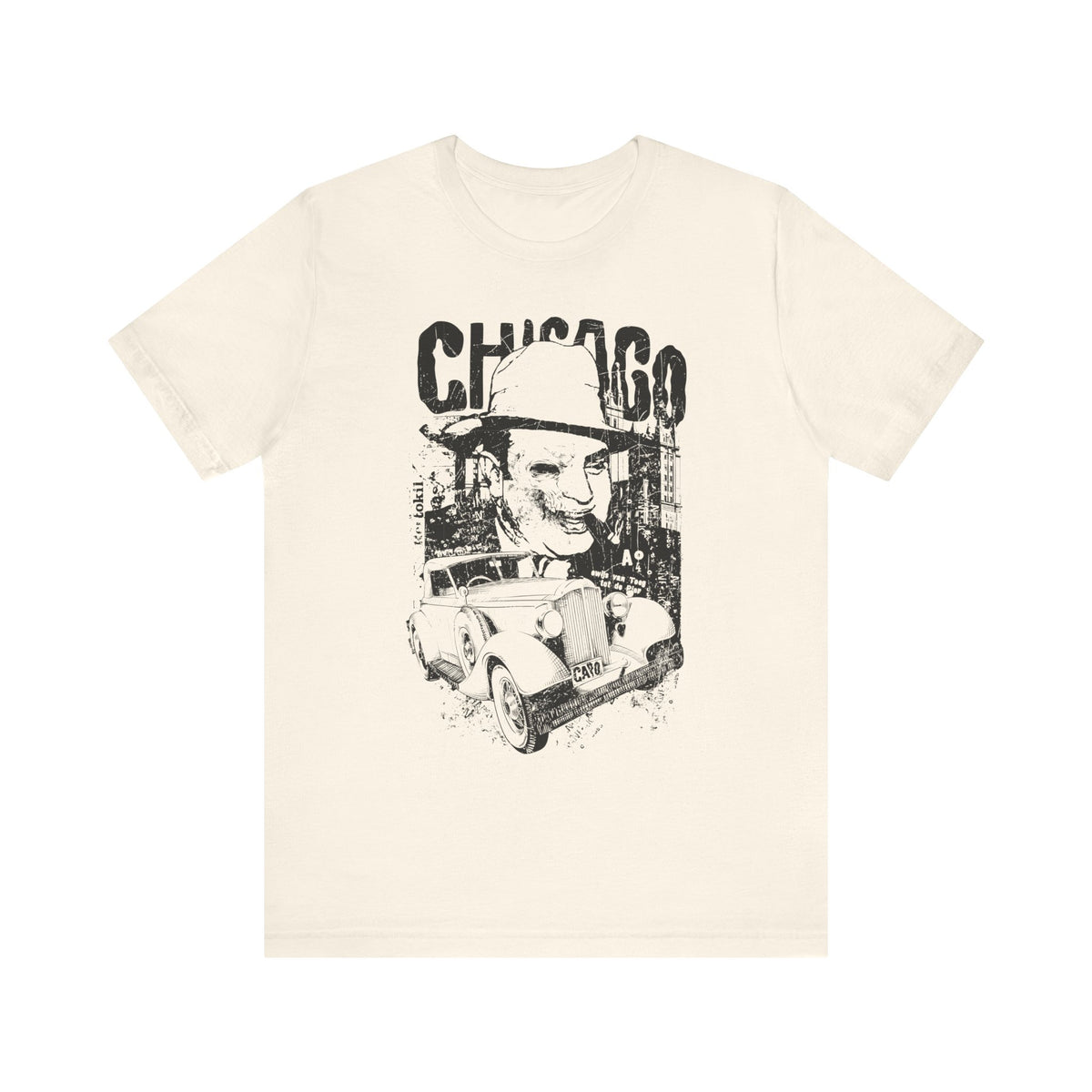 Chicago Retro Mobster Illustration Tee Vintage Car Cityscape Art Design Unisex Cotton T-Shirt A-8