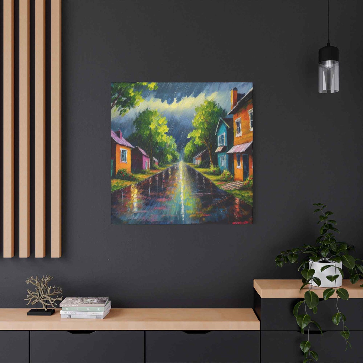 Rainy Village Street Canvas, Matte Oil Paint Print 20x20, 24x24, 30x30, 32x32, 36x36, Art Design Print Non-Frame MC-2