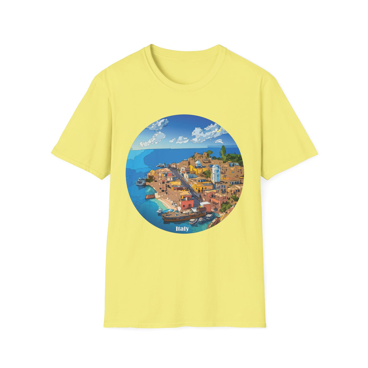 Italy Mediterranean Coastal Village Illustration T-Shirt | Seaside Landscape Tee