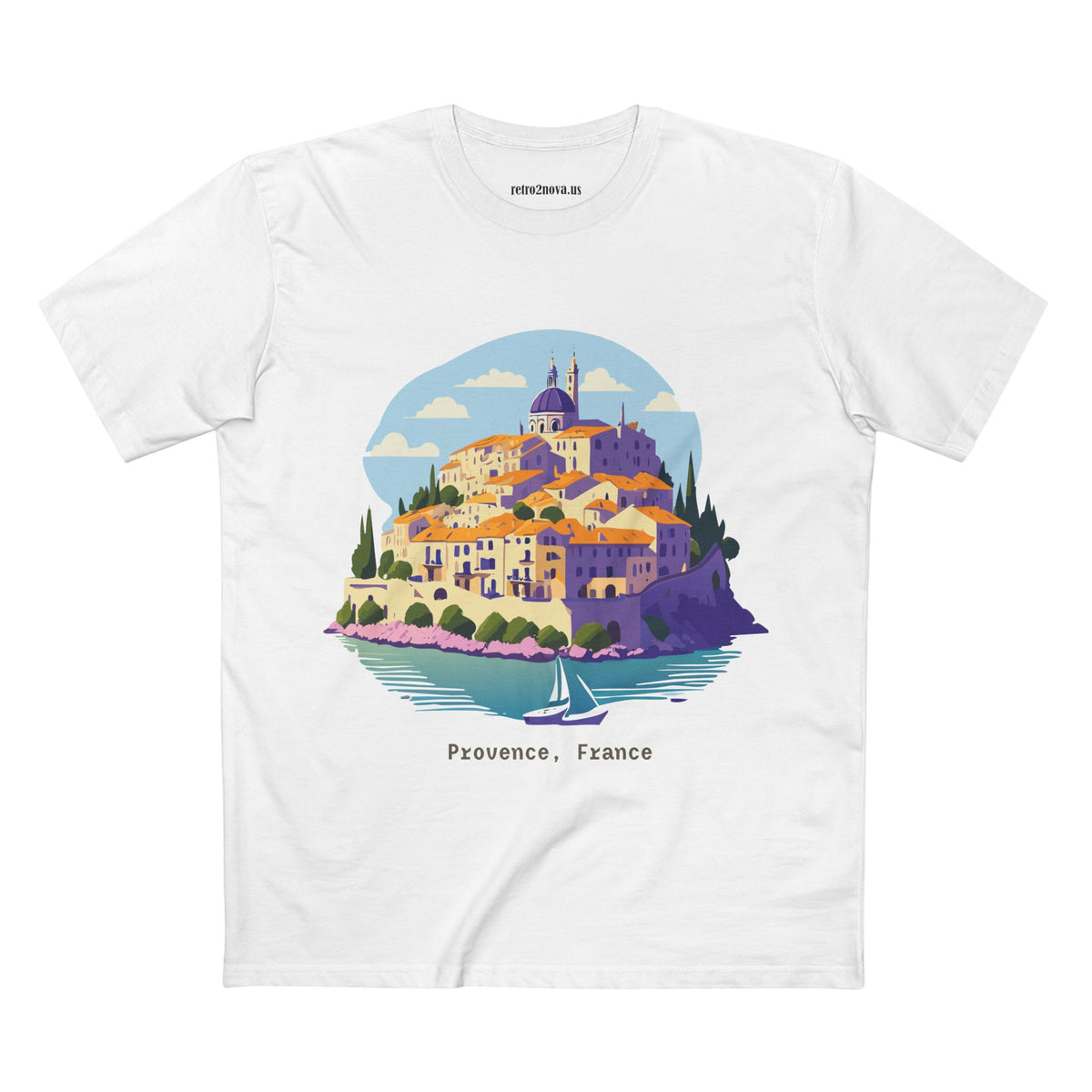 Provence France Village Illustration T-Shirt | Coastal Sailboat Scenic Tee