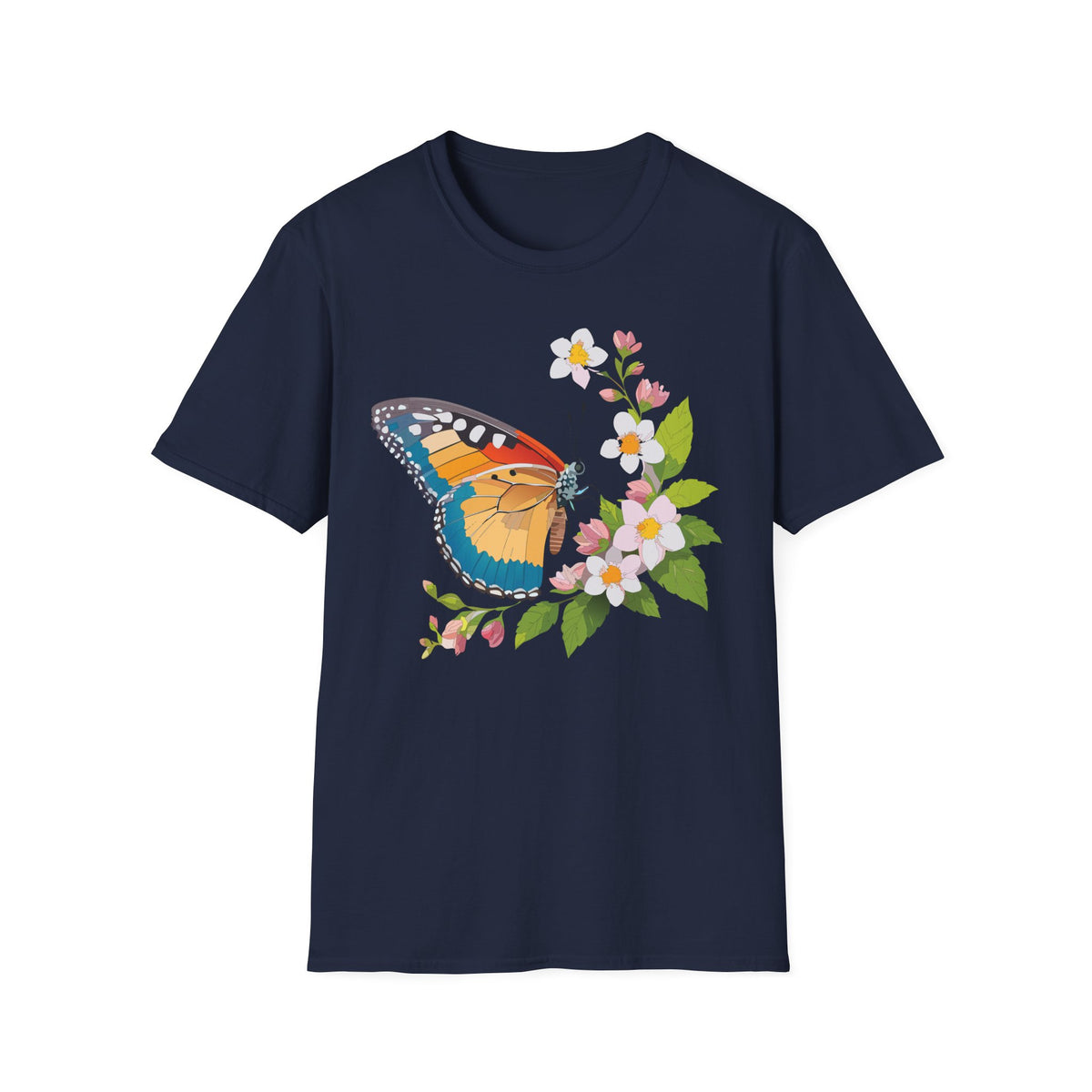 Butterfly Floral T-Shirt — Colorful Monarch with Blossoms Graphic Design Unisex 100 Cotton Gildan T-Shirt