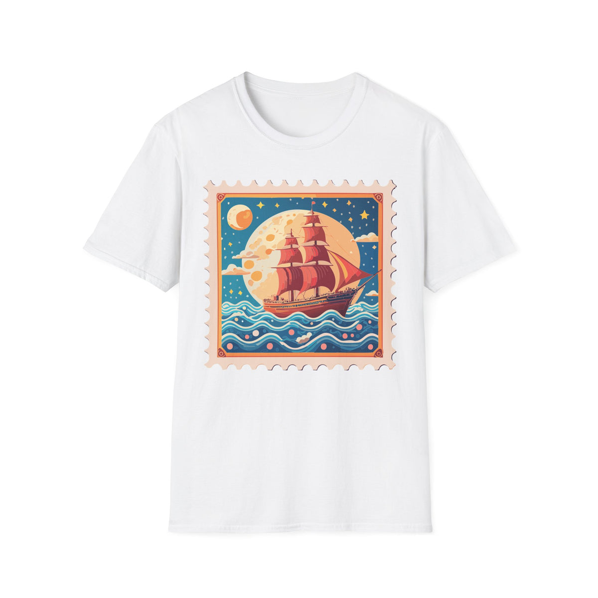Vintage Sailing Ship Stamp T-Shirt | Retro Moon Ocean Illustration
