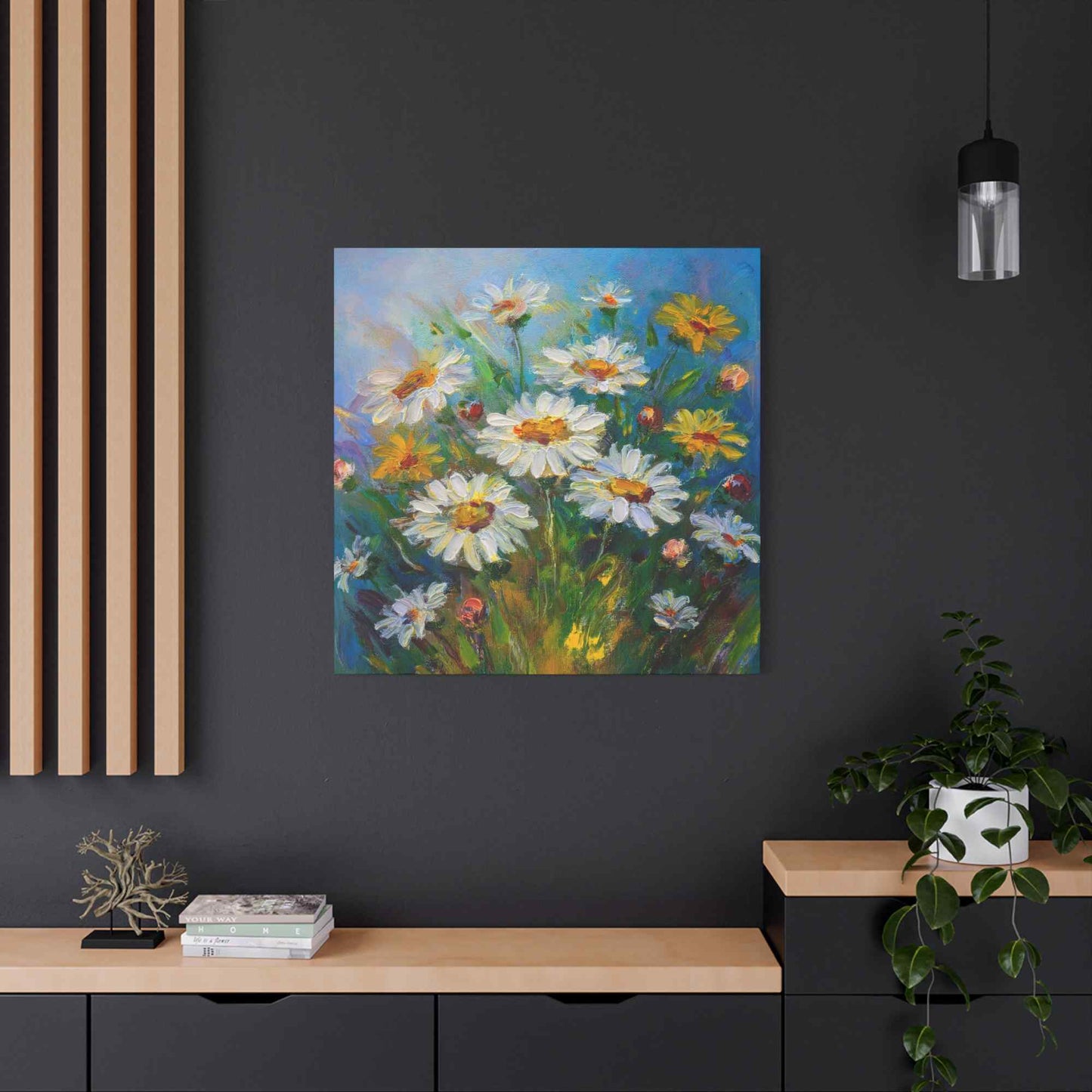 White Daisies Print Canvas, Floral Oil Paint Print 20x20, 24x24, 30x30, 32x32, 36x36 Art Design Pine-Wood Inner Frame MC-128