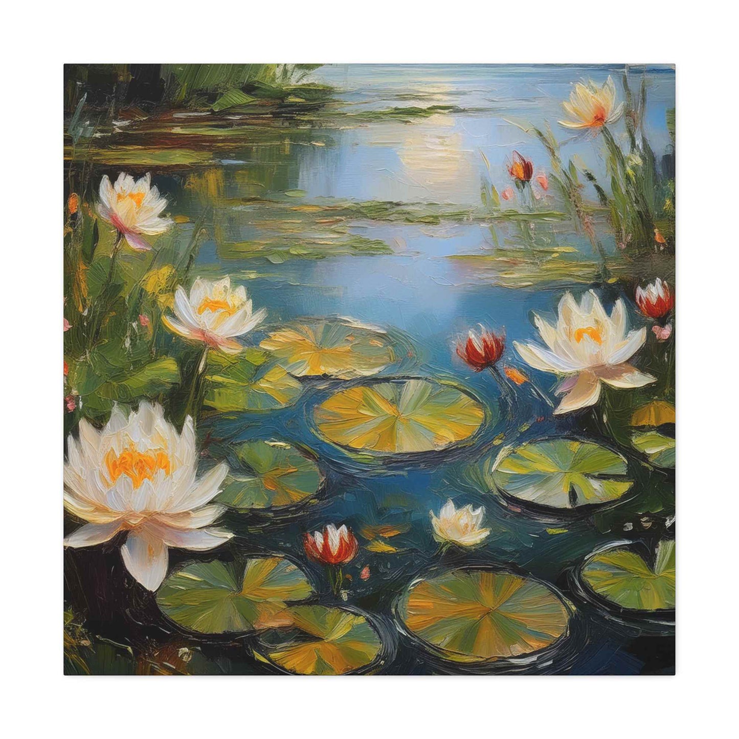 Water Lilies Print Canvas, Oil Paint Print 20x20, 24x24, 30x30, 32x32, 36x36 Floral Art Print Pine-Wood Inner Frame MC-64