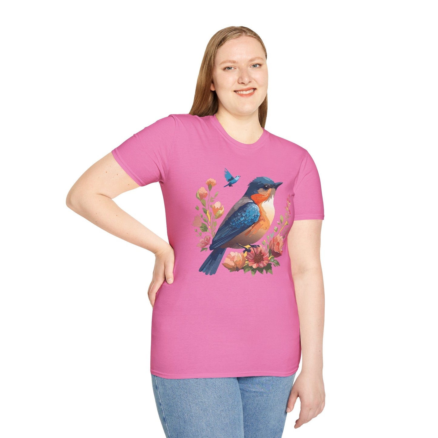 Unisex Floral Bird T Shirt Softstyle 64000 Gildan Ring Spun Cotton Tee Relaxed Fit