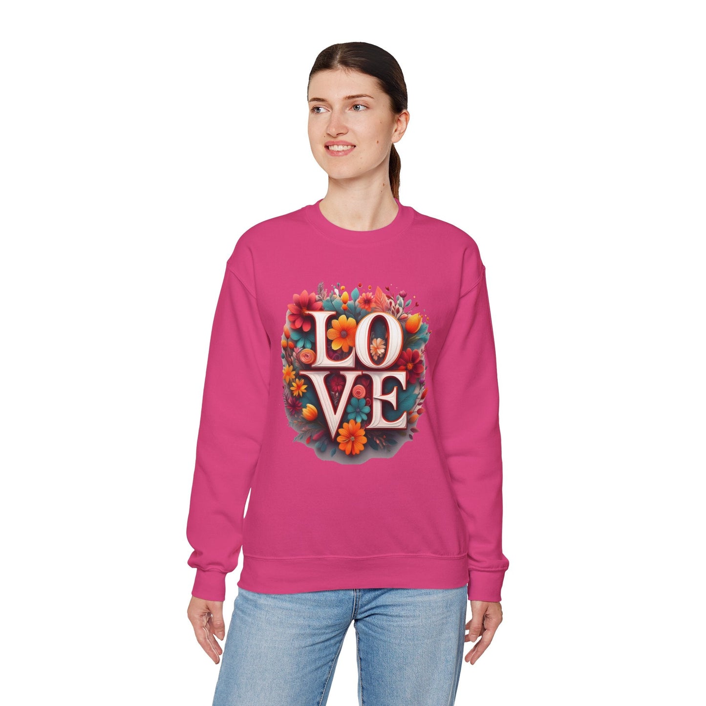 Floral Love Valentines Day Sweatshirt Unisex Heavy Blend Crewneck 50/50 Cotton Polyester Gildan 18000