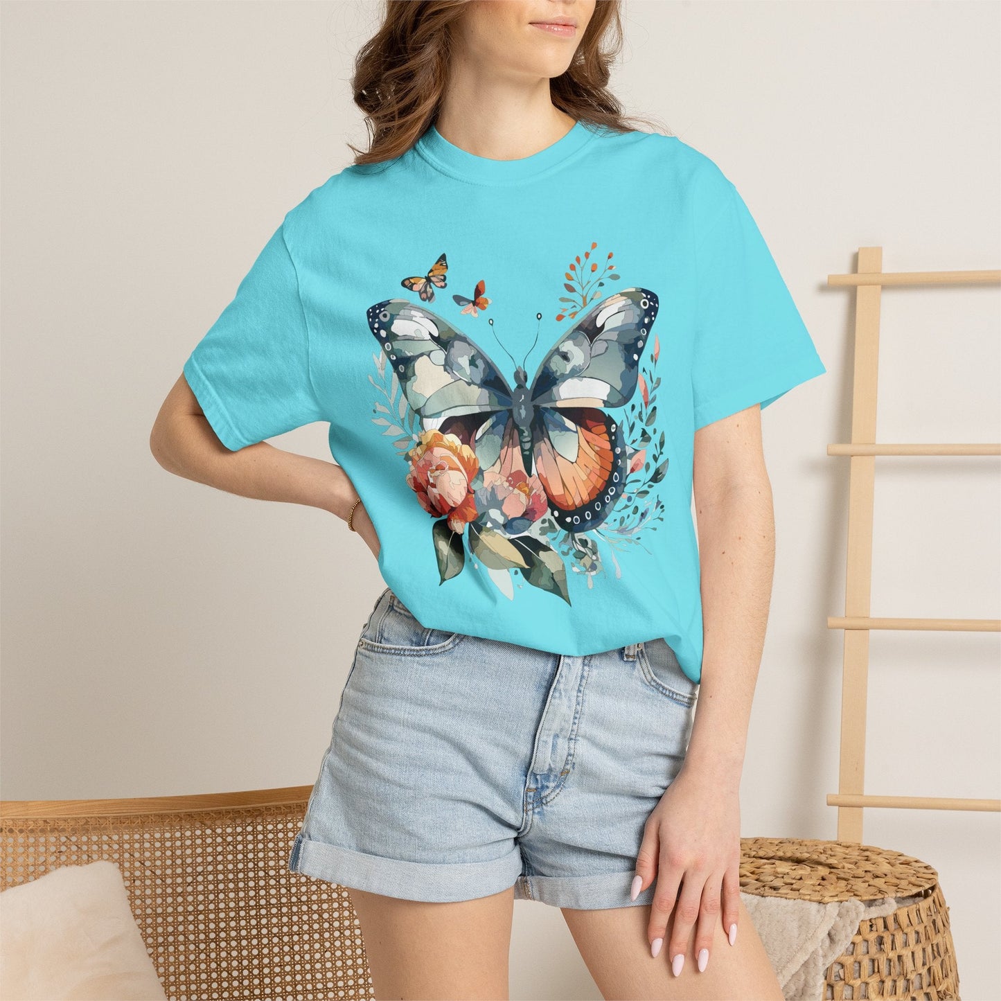 Butterfly Floral Print T-Shirt Botanical Design Unisex Heavy Cotton Tee b1