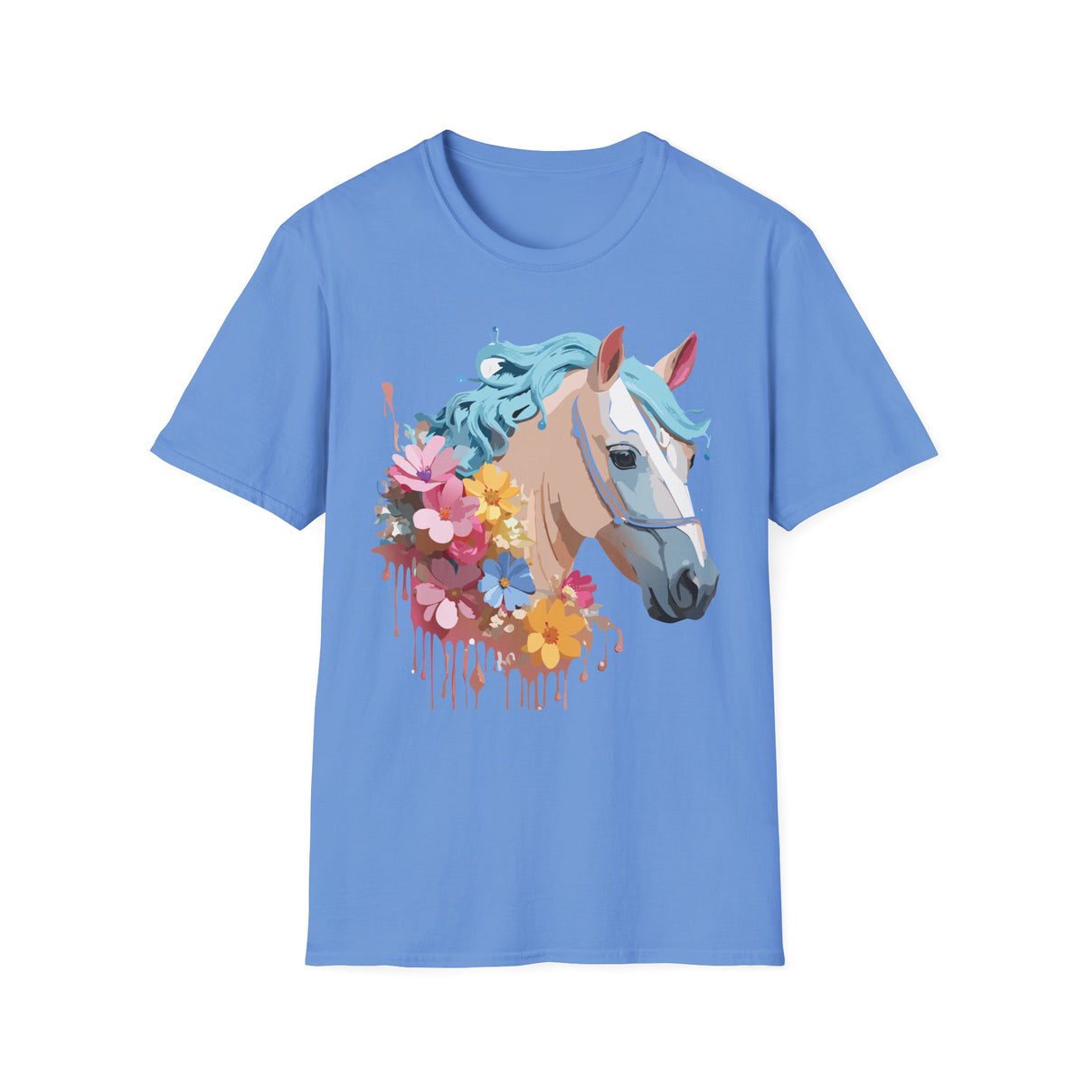 Floral Horse Illustration T-Shirt | Pastel Blue Mane, Watercolor Flowers