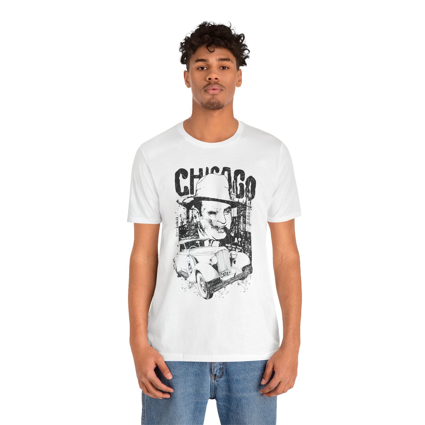 Chicago Retro Mobster Illustration Tee Vintage Car Cityscape Art Design T-Shirt A-8