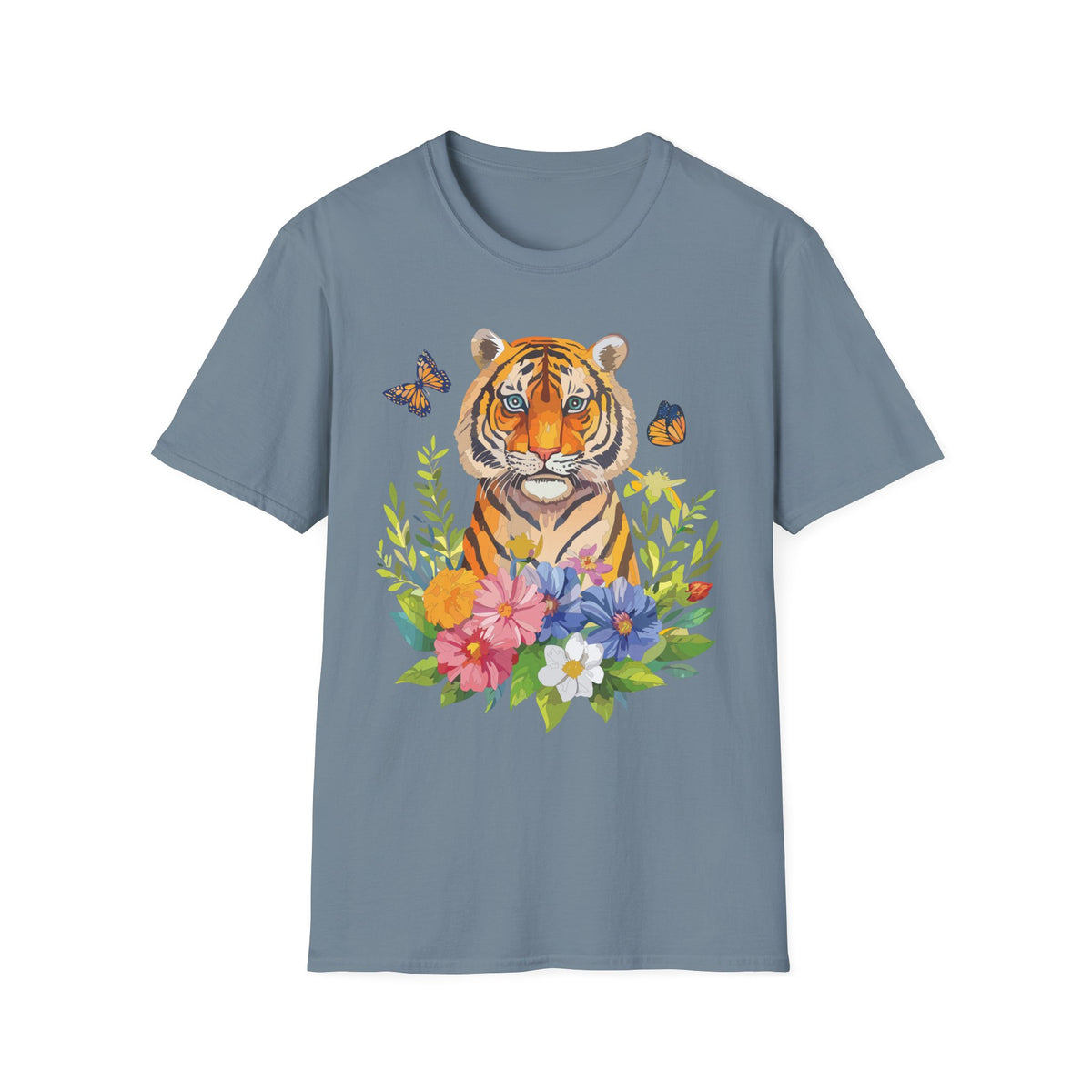 Tiger Portrait T-Shirt | Watercolor Tiger with Butterflies and Floral Accents