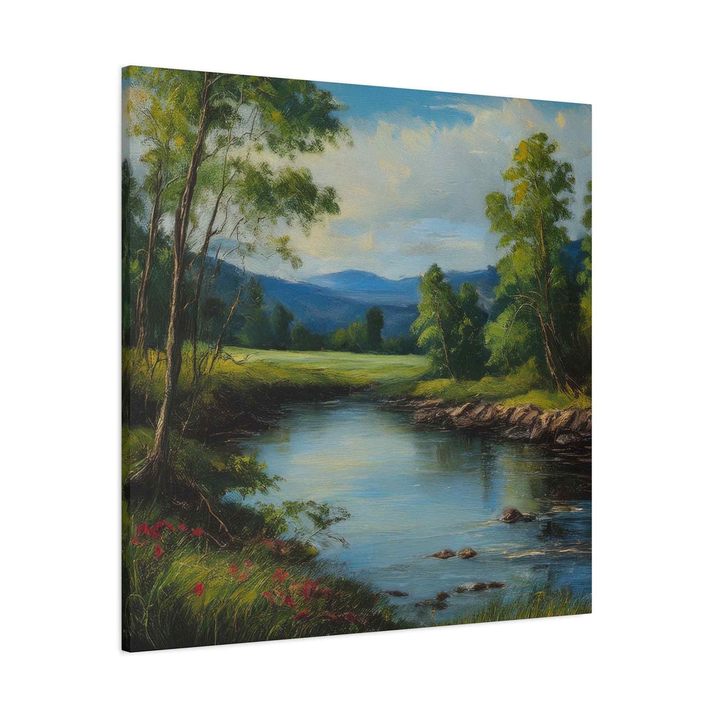 River Print Canvas, Landscape Oil Paint Print 20x20, 24x24, 30x30, 32x32, 36x36 Art Design Print Pine-Wood Inner Frame MC-53