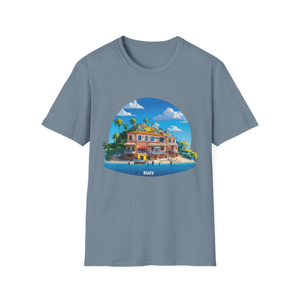 Italy Tropical Beach House Palm Trees T-Shirt | Seaside Villa Illustration