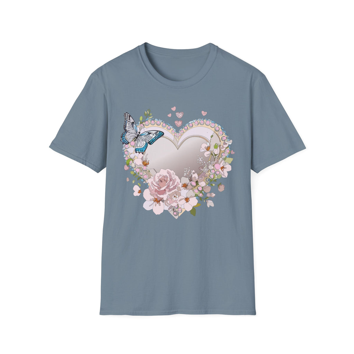 Floral Heart with Butterfly T-Shirt | Romantic Pastel Garden Graphic Tee Unisex 100 Cotton Gildan T-Shirt
