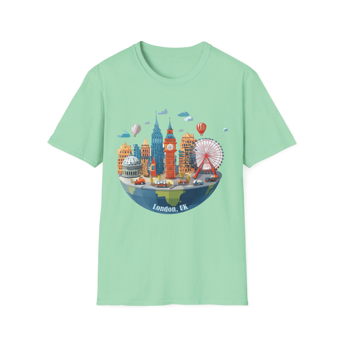 London Skyline Illustration T-Shirt | Big Ben, London Eye, Hot Air Balloons