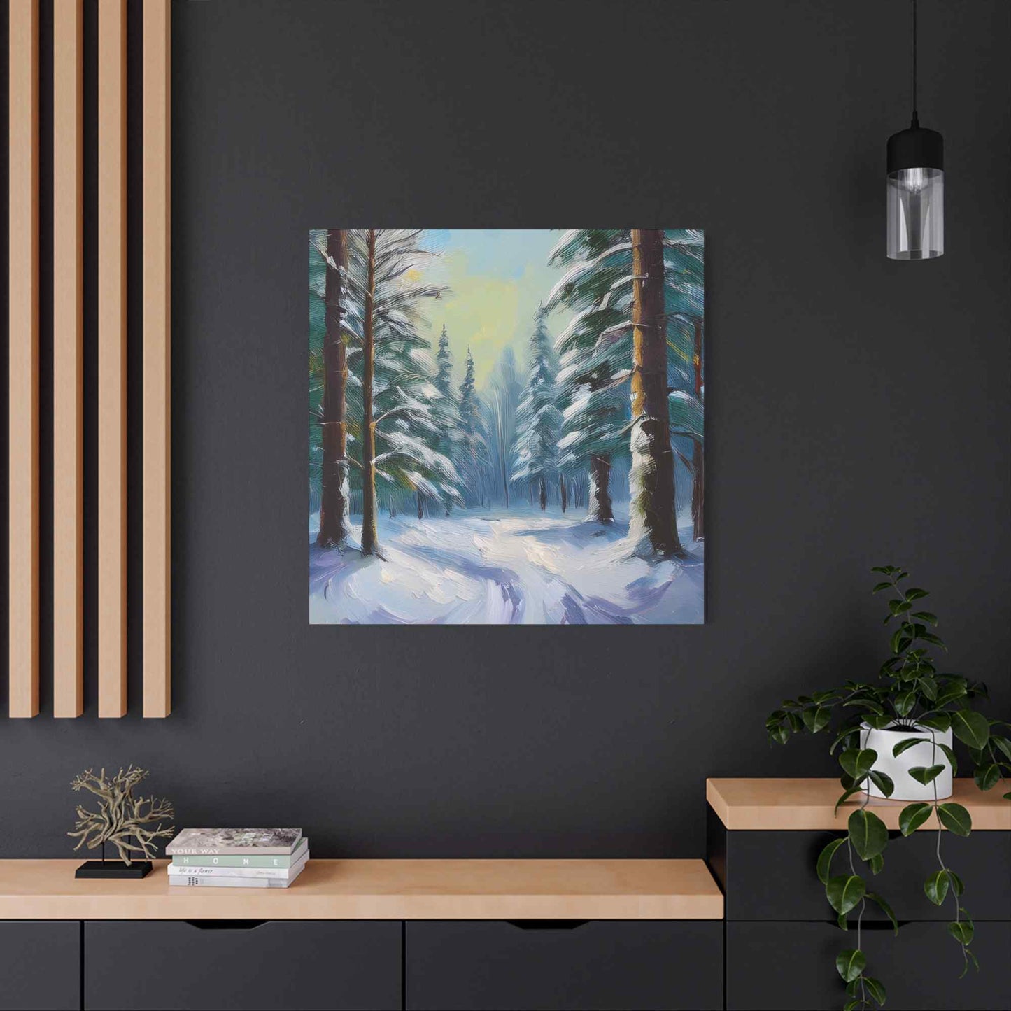 Snow Forest Print Canvas, Oil Paint Print 20x20, 24x24, 30x30, 32x32, 36x36 Art Design Print Pine-Wood Inner Frame MC-77