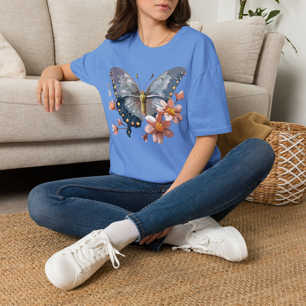 Butterfly and Floral Botanical Graphic Design Unisex 100 Cotton Gildan T-Shirt