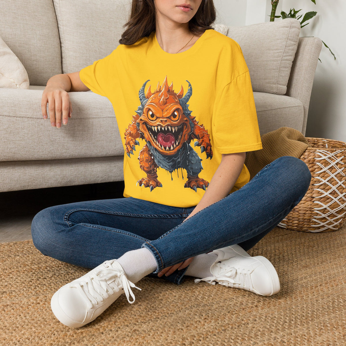 Monster Graphic T-Shirt — Fierce Orange Demon Creature Design Cartoon Graphic Tee Unisex 100 Cotton Gildan T-Shirt