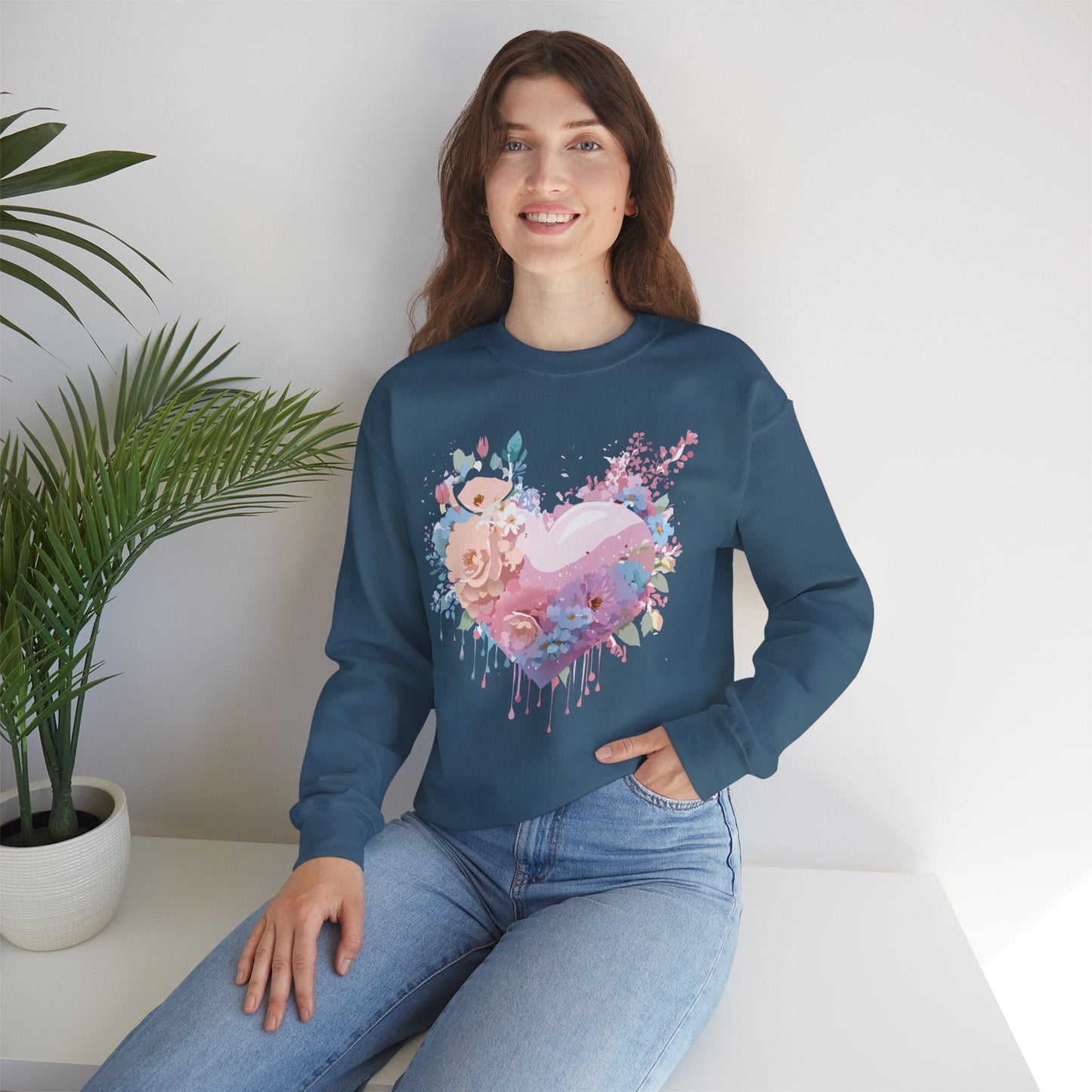 Floral Heart Sweatshirt Unisex Crewneck Valentines Day Floral Love Gildan 18000 Premium