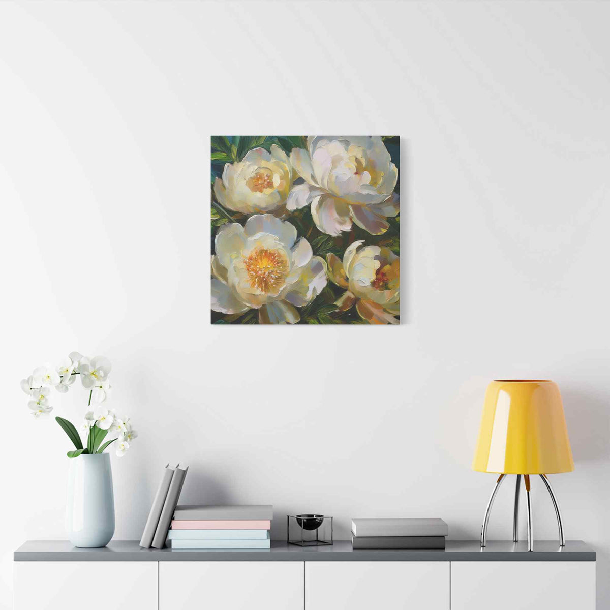 Cream Peonies Print Canvas, Floral Oil Paint Print 20x20, 24x24, 30x30, 32x32, 36x36 Art Design Pine-Wood Inner Frame MC-124
