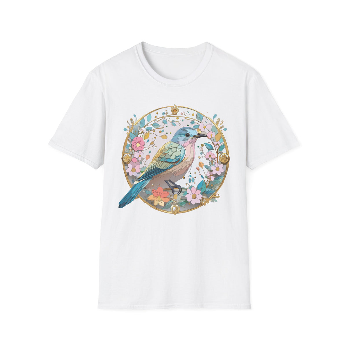 Floral Bird Illustration T-Shirt | Pastel Nature Circle Design