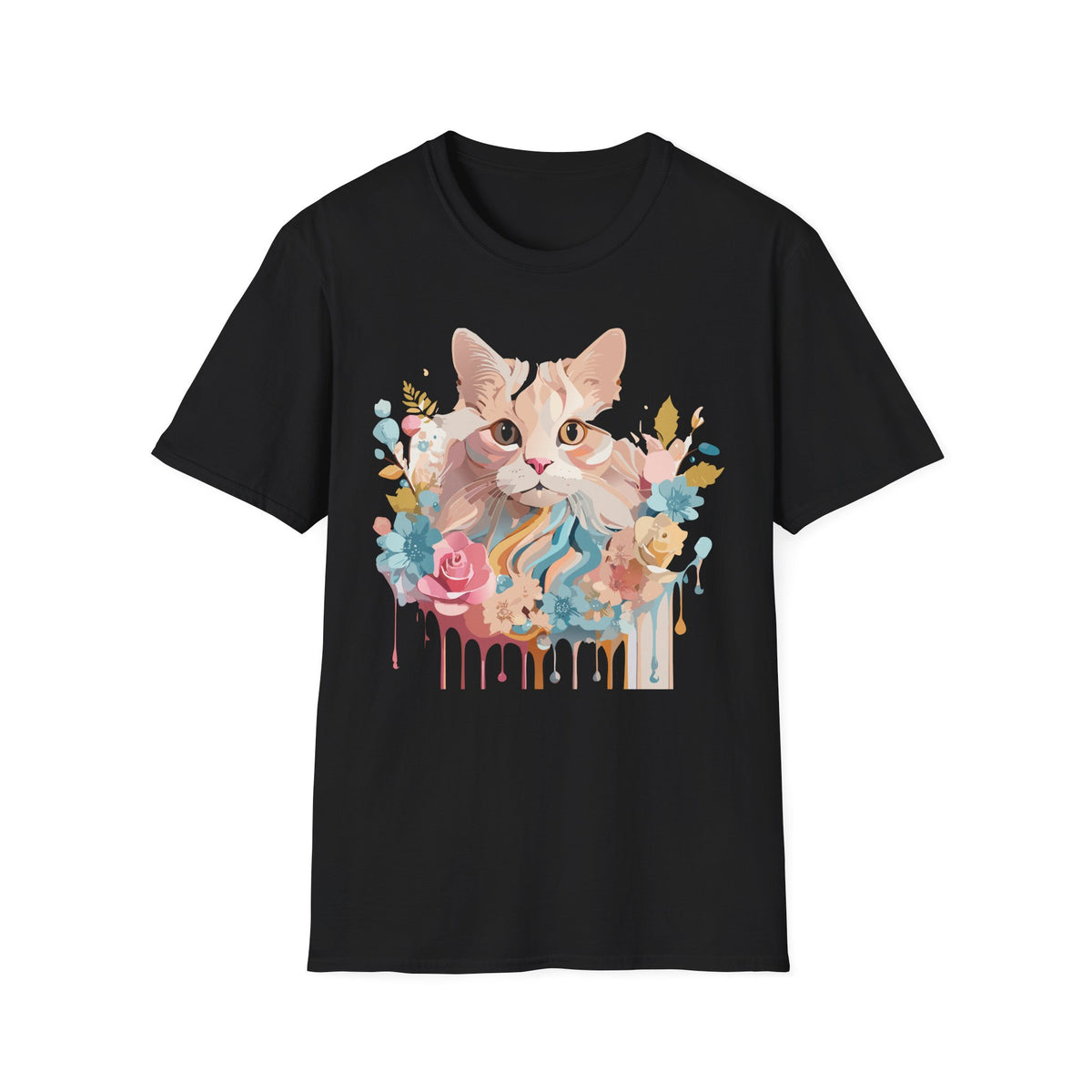 Pastel Floral Cat Portrait T-Shirt | Watercolor Kitten Tee