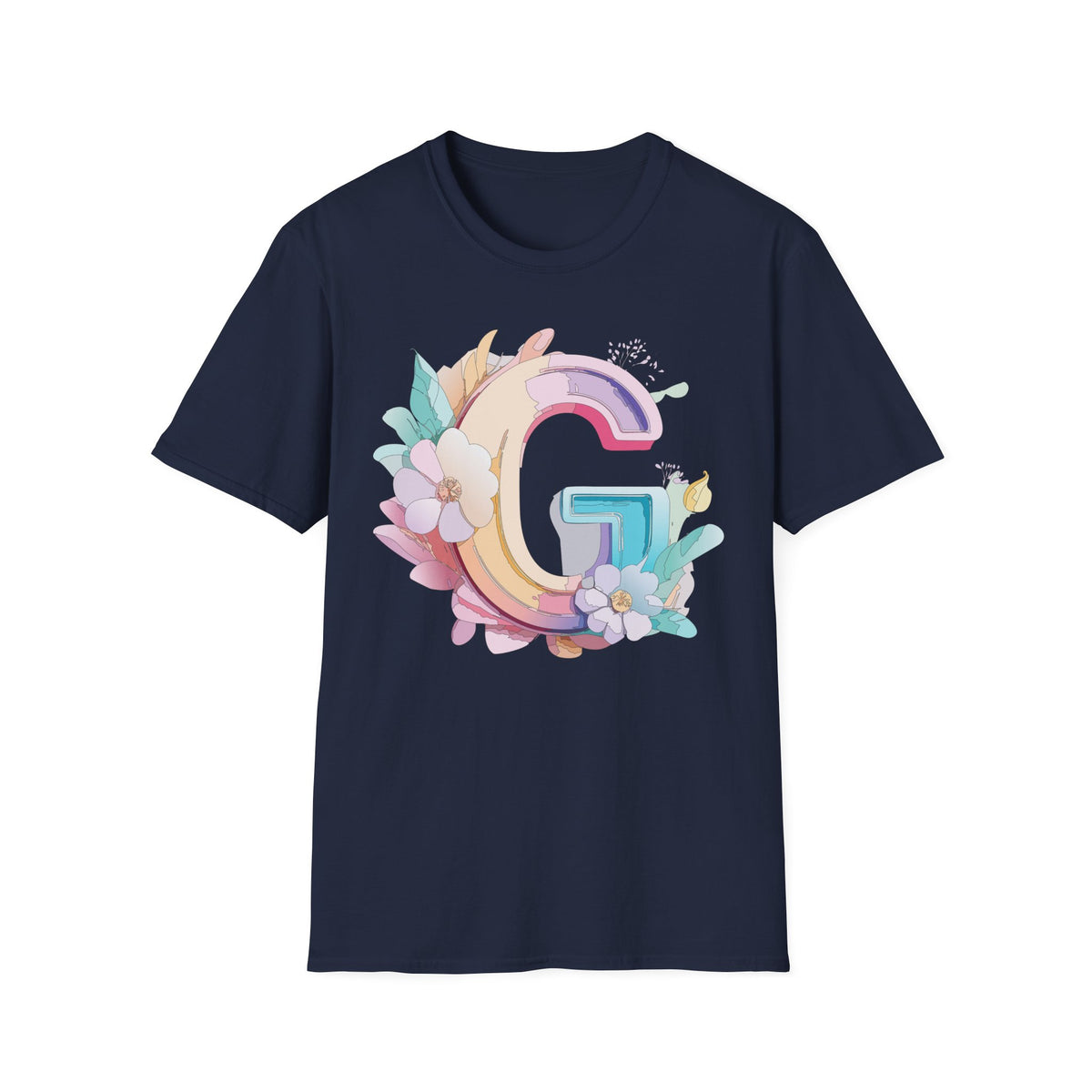 Floral Letter G T-Shirt | Monogram Initial Tee, Pastel Rainbow Blooms