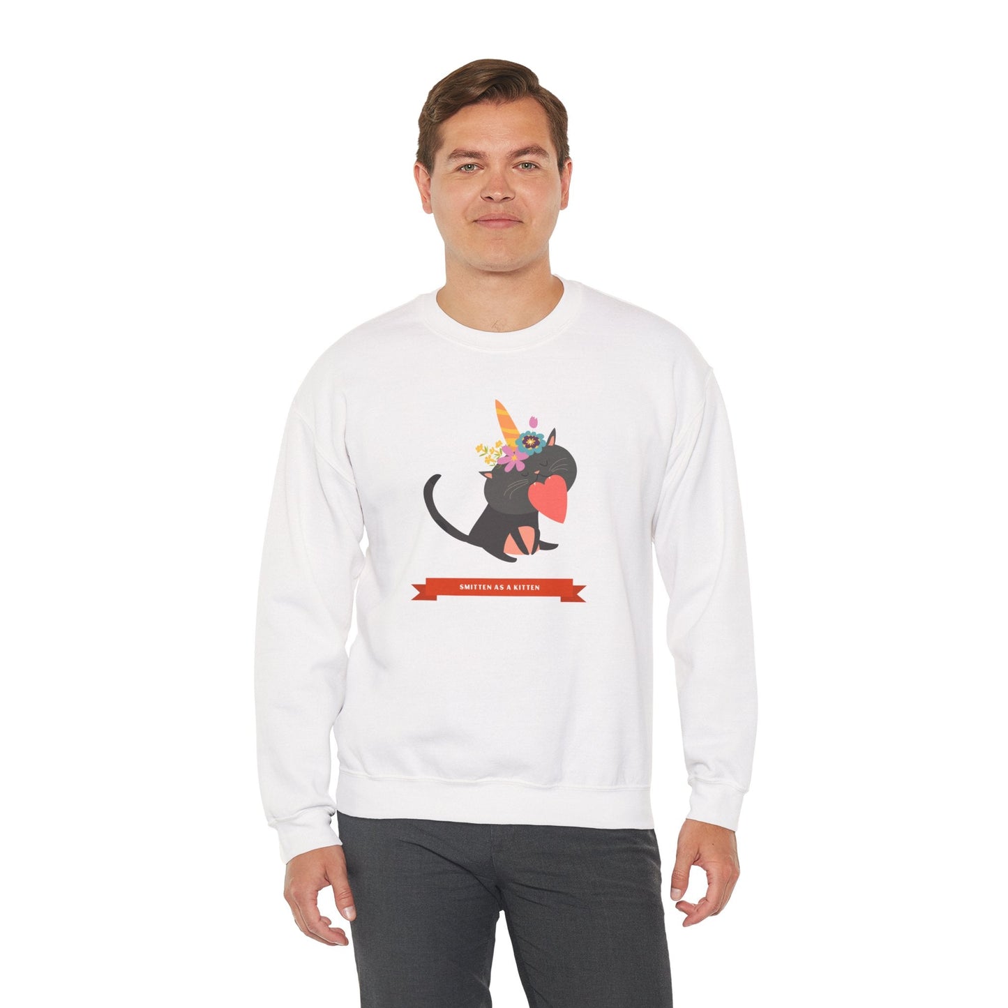 Cat Heart Sweatshirt Unisex Valentine Gift 50/50 Cotton-Poly Crewneck Gildan 18000