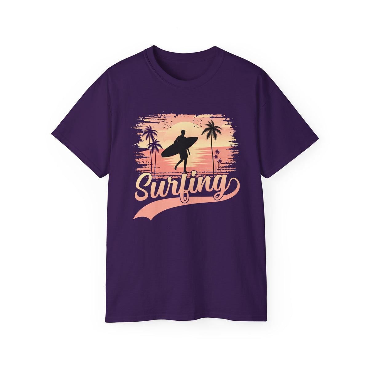 Surfing Silhouette Sunset T-Shirt | Palm Trees, Retro Wave Graphic