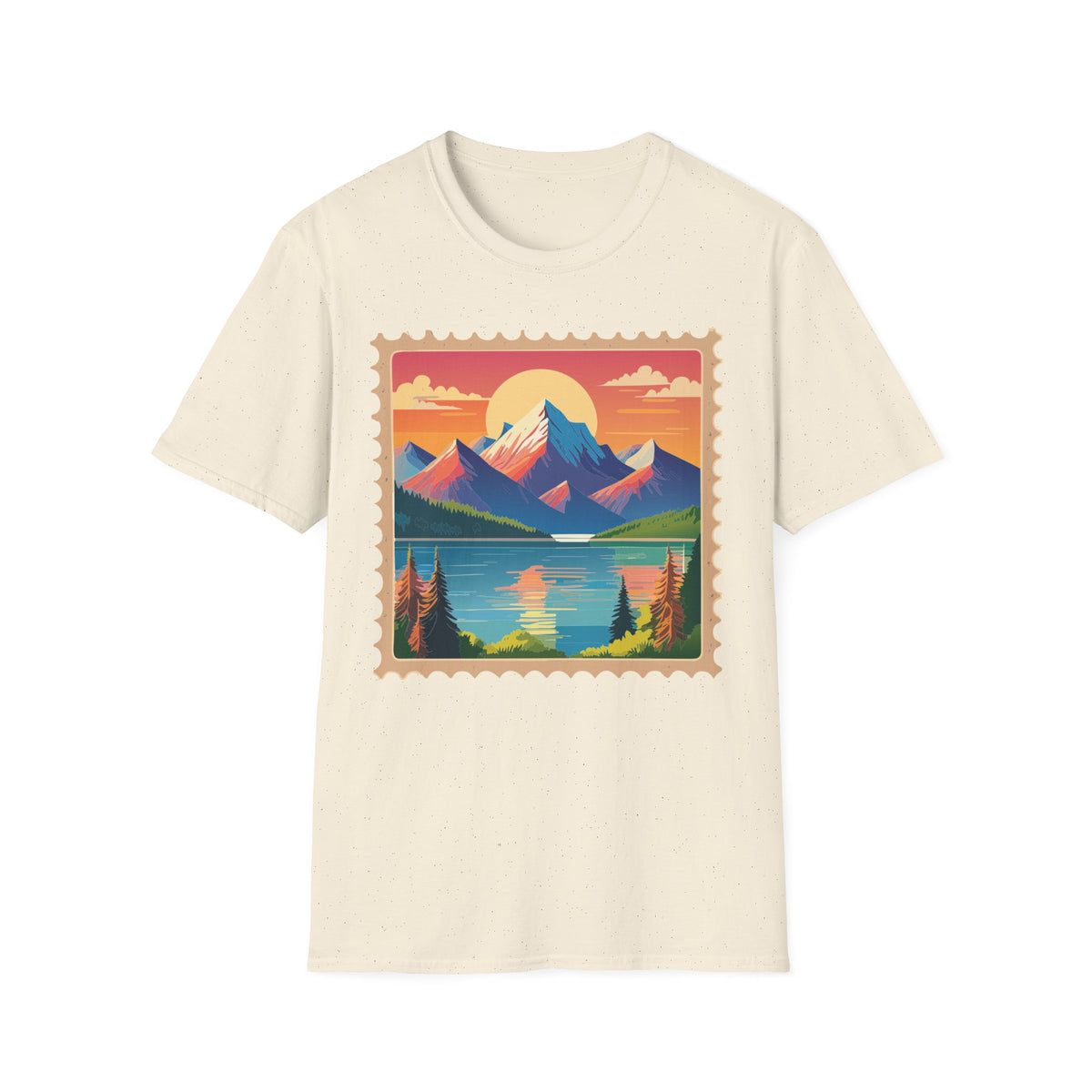 Vintage Mountain Sunset postage stamp T-Shirt | retro travel landscape