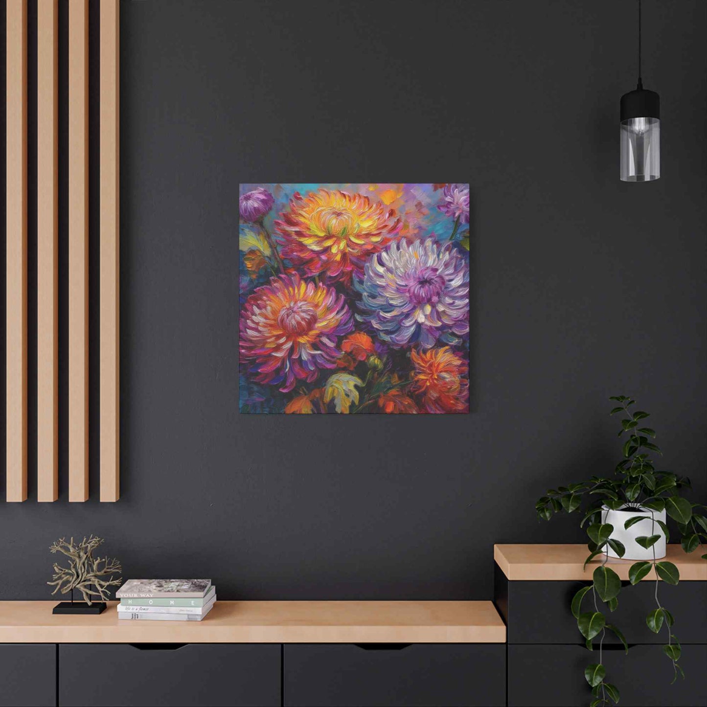 Chrysanthemums Print Canvas, Floral Oil Paint Print 20x20, 24x24, 30x30, 32x32, 36x36 Art Design Pine-Wood Inner Frame MC-158