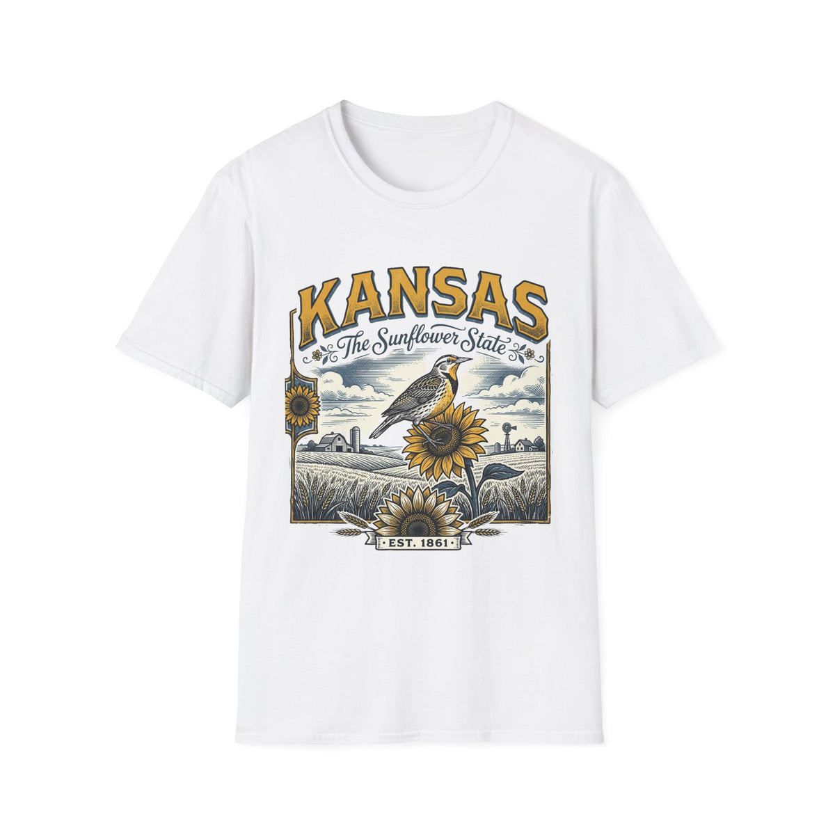 Kansas The Sunflower State T-Shirt | Vintage Meadow Bird Sunflower Design