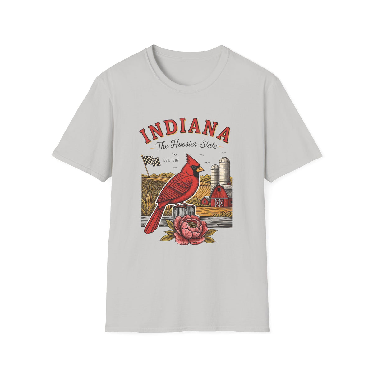 Indiana Cardinal Bird Farm Tee — Indiana The Hoosier State Graphic Travel Tourist Graphic Design Unisex 100 Cotton Gildan T-Shirt