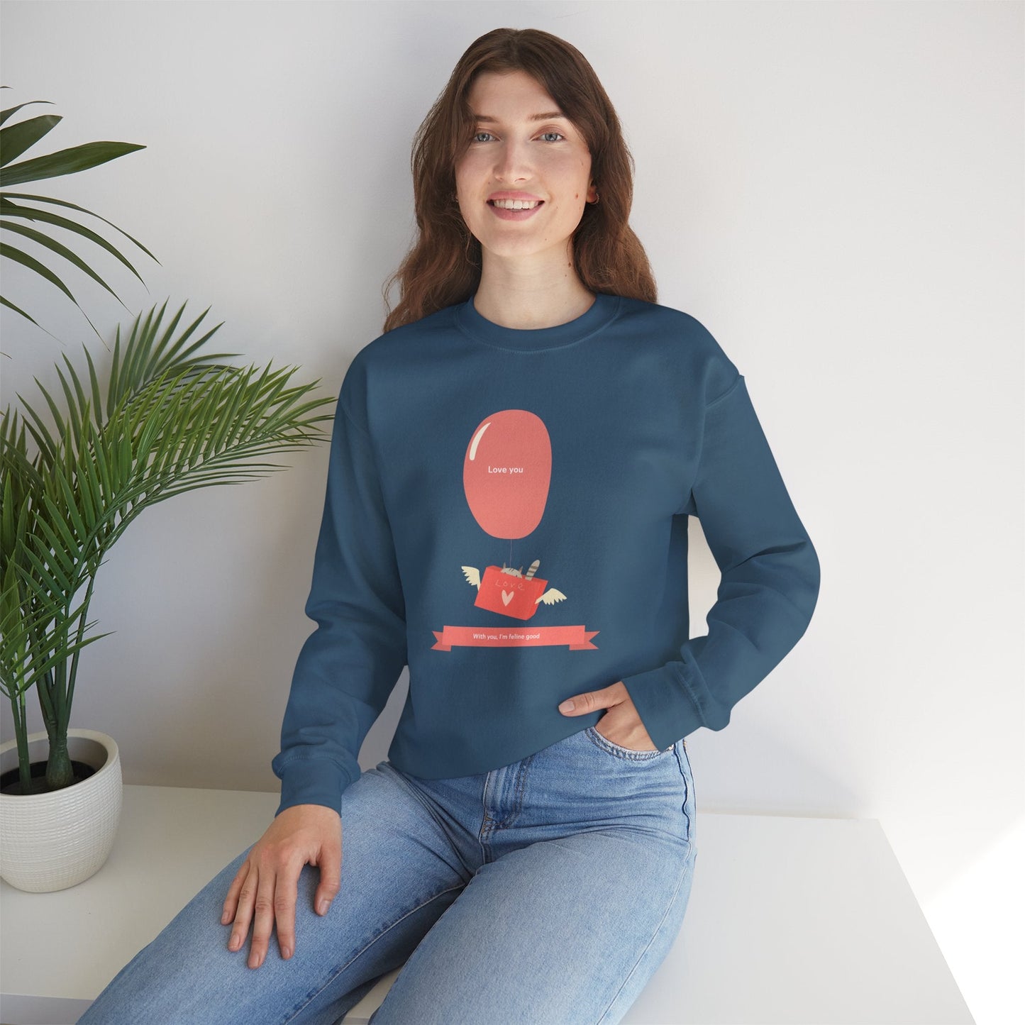 Cat Love Balloon Sweatshirt Unisex Fifty Fifty Cotton Poly Valentine Heavy Blend Crewneck Sweatshirt