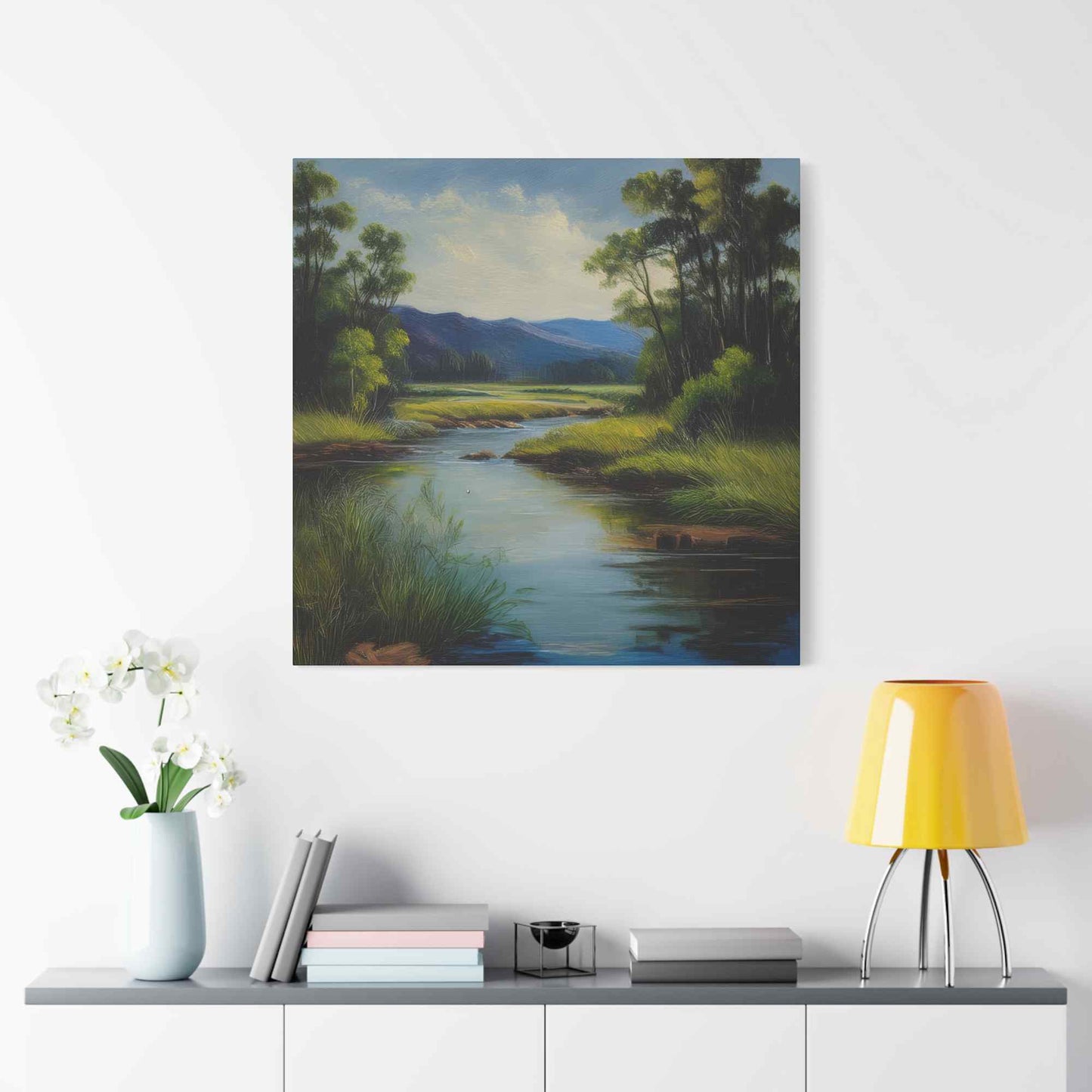 River Print Canvas, Landscape Oil Paint Print 20x20, 24x24, 30x30, 32x32, 36x36 Art Design Print Pine-Wood Inner Frame MC-54