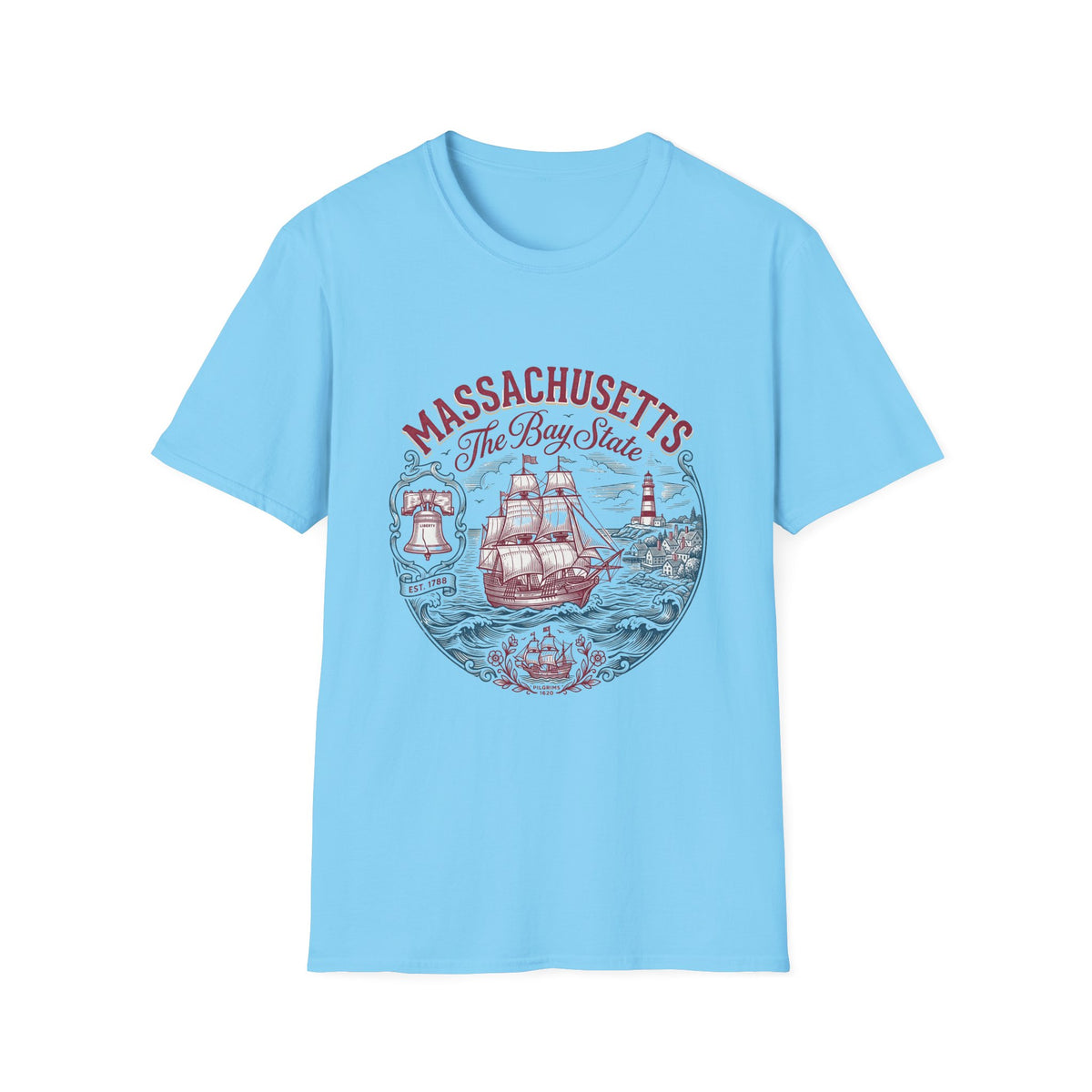 Massachusetts The Bay State T-Shirt – Vintage Nautical Ship Lighthouse Travel Tourist Graphic Design Unisex 100 Cotton Gildan T-Shirt