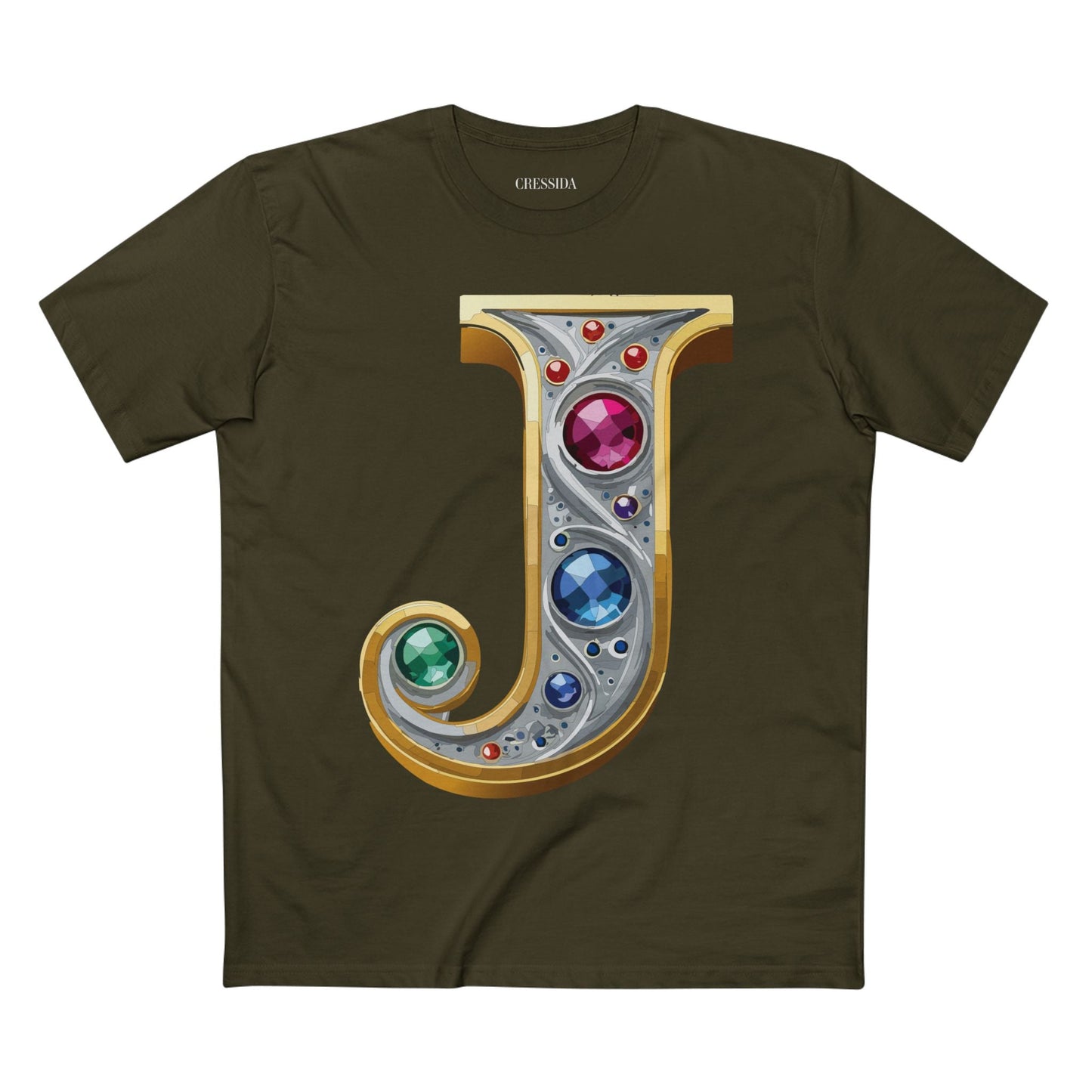 Letter J Graphic Design Tee Unisex 100 Cotton With Antique Gold Letters Artwork T-Shirt