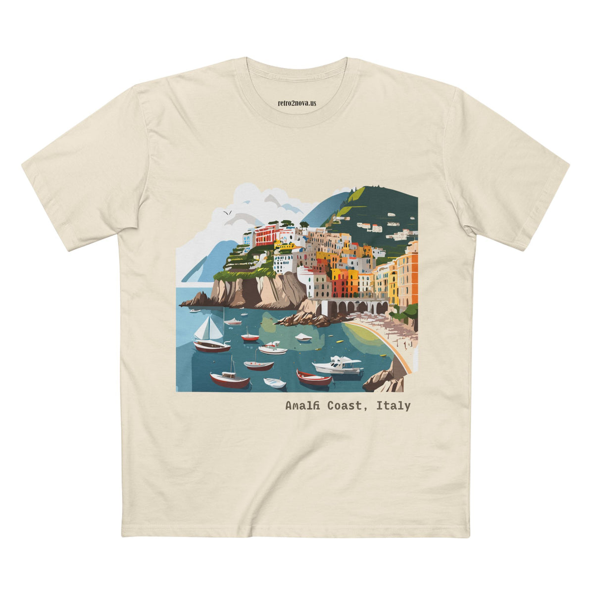 Amalfi Coast Italy Illustration T-Shirt | Coastal Village Beach Scene