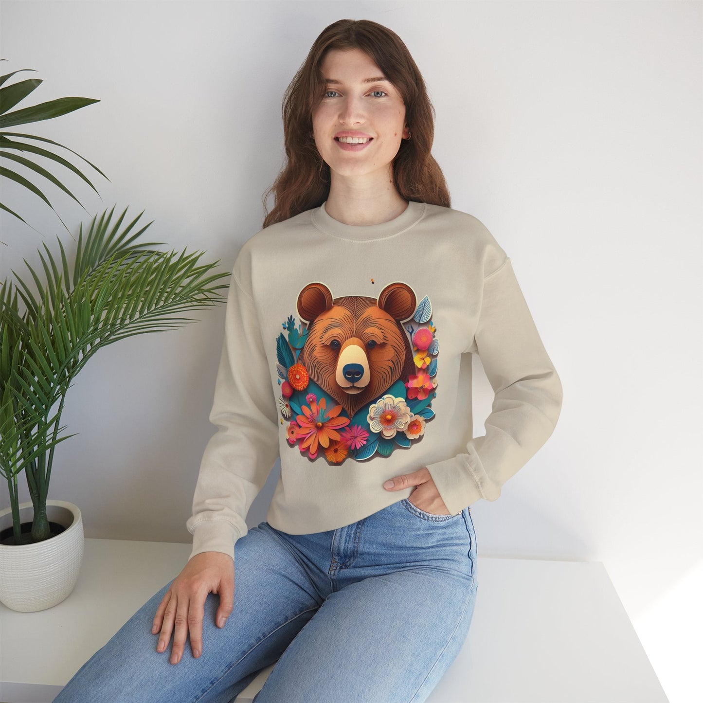 Unisex Floral Bear Sweatshirt Art Design Gildan 18000 Heavy Blend Crewneck