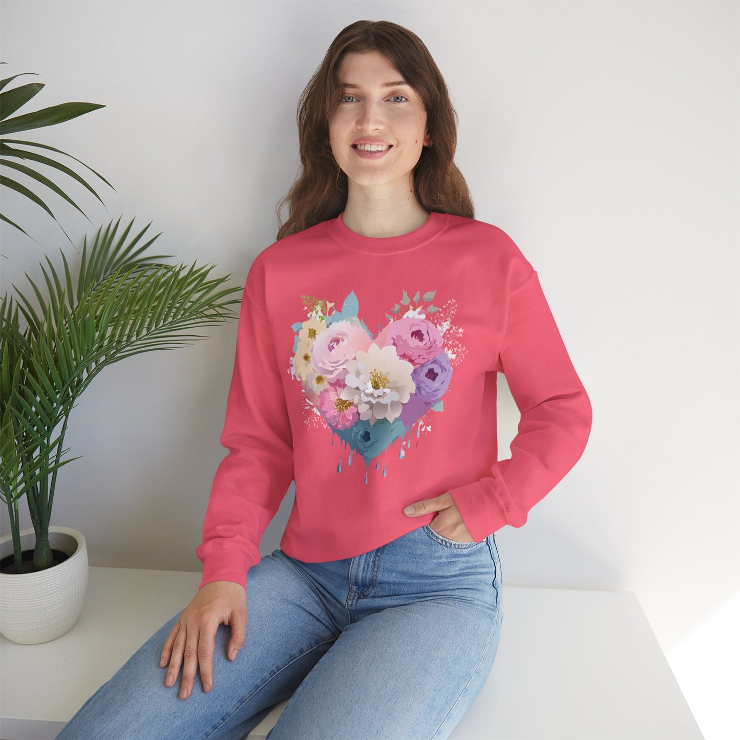 Floral Heart Unisex Crewneck Sweatshirt With Floral Love Valentines Day Design Premium Heavy Blend