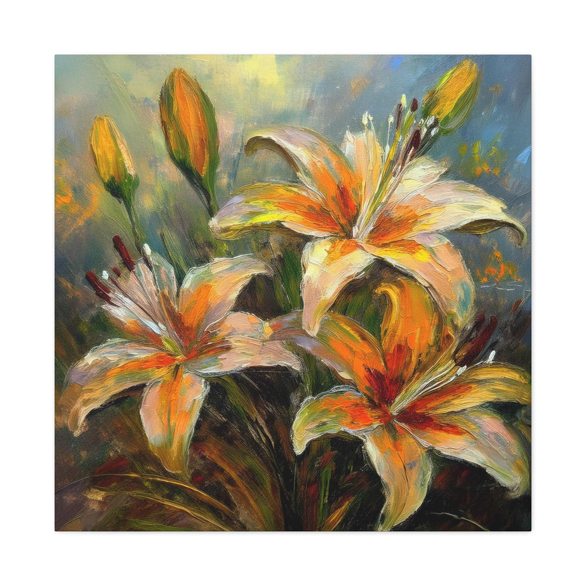 Gold Lilies Print Canvas, Floral Oil Paint Print 20x20, 24x24, 30x30, 32x32, 36x36 Art Design Pine-Wood Inner Frame MC-152