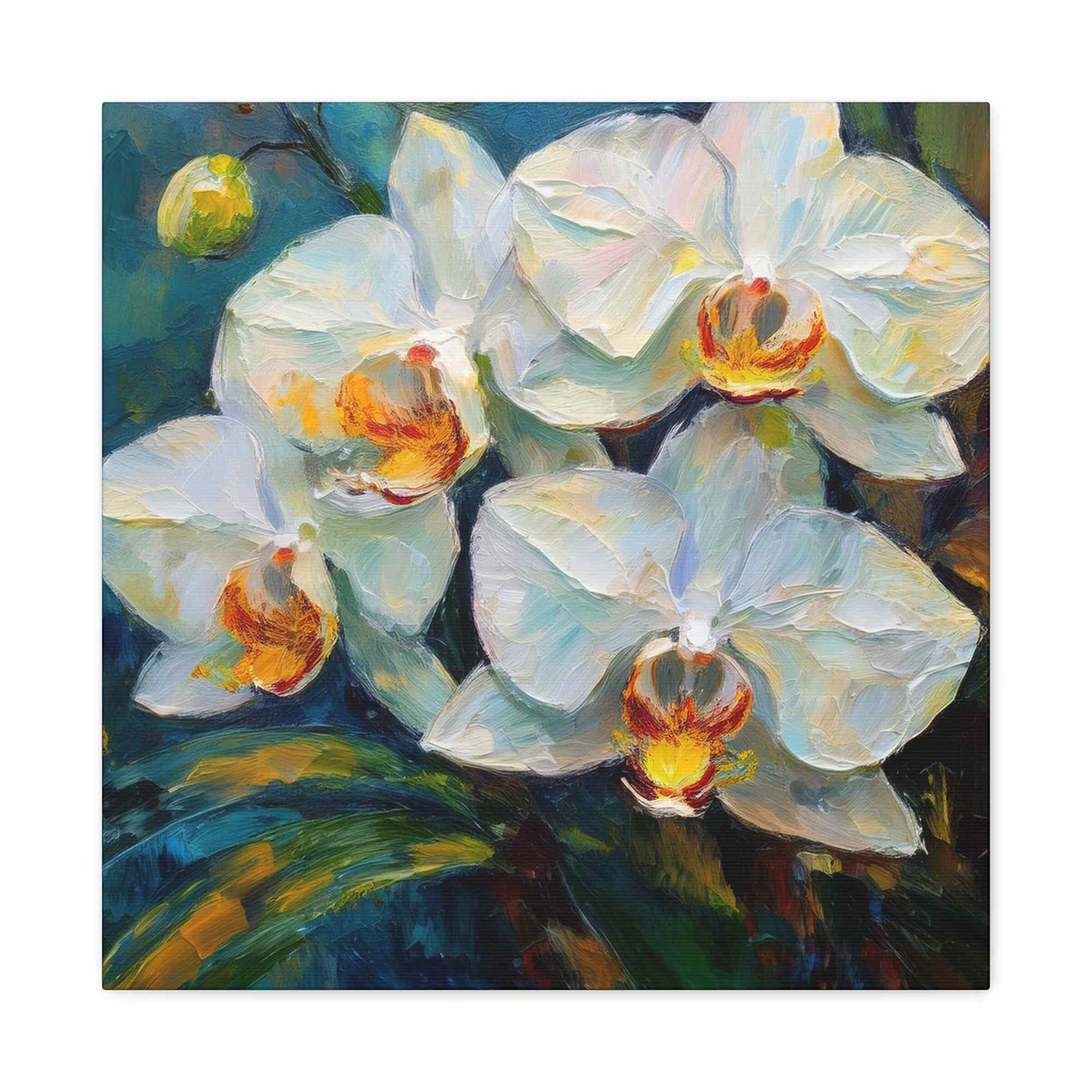 White Orchids Print Canvas, Floral Oil Paint Print 20x20, 24x24, 30x30, 32x32, 36x36 Art Design Pine-Wood Inner Frame MC-135