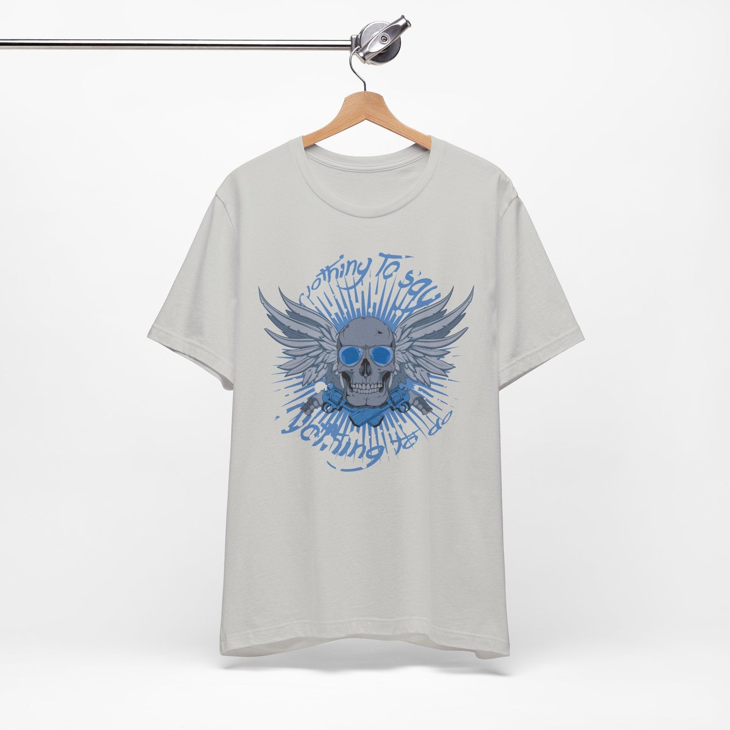 Winged Skull Graphic Tee | Blue Skull with Wings, Radiant Burst