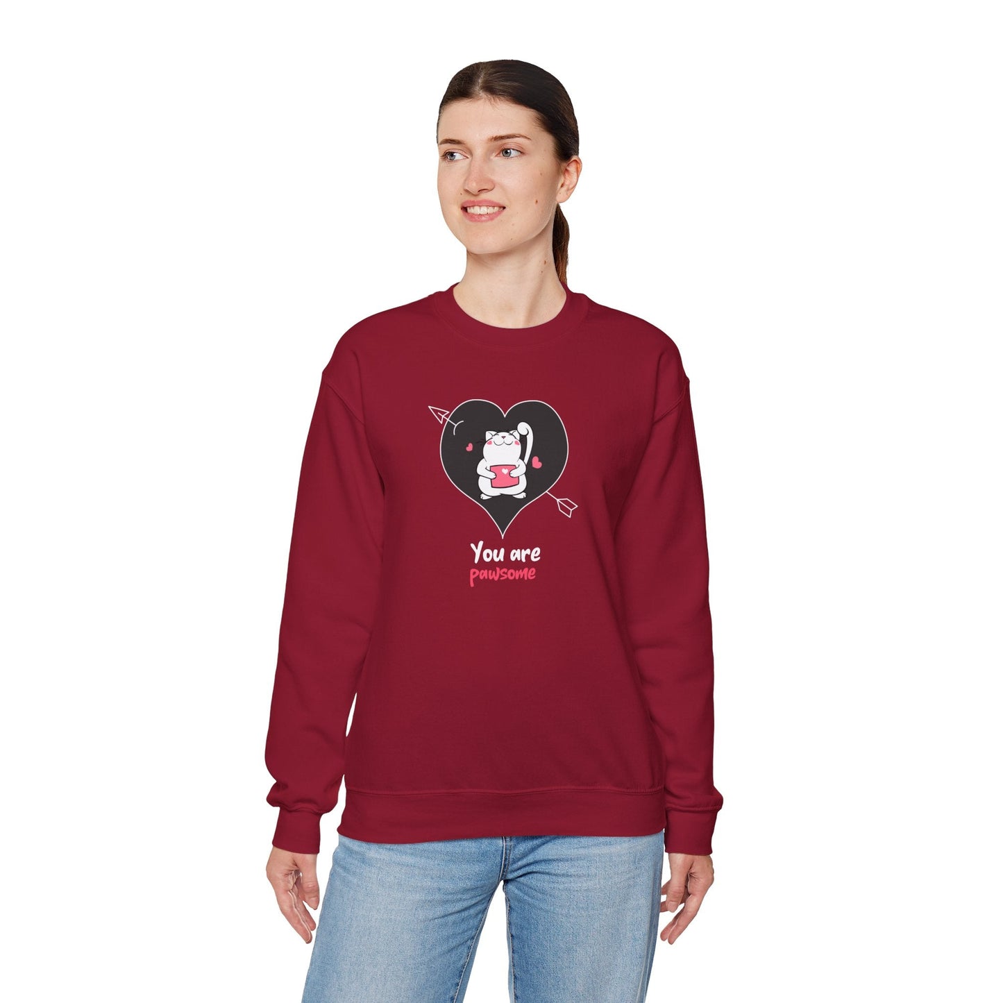 Cat Heart Sweatshirt Unisex Valentines Day Fifty Fifty Cotton Poly Crewneck Gildan 18000