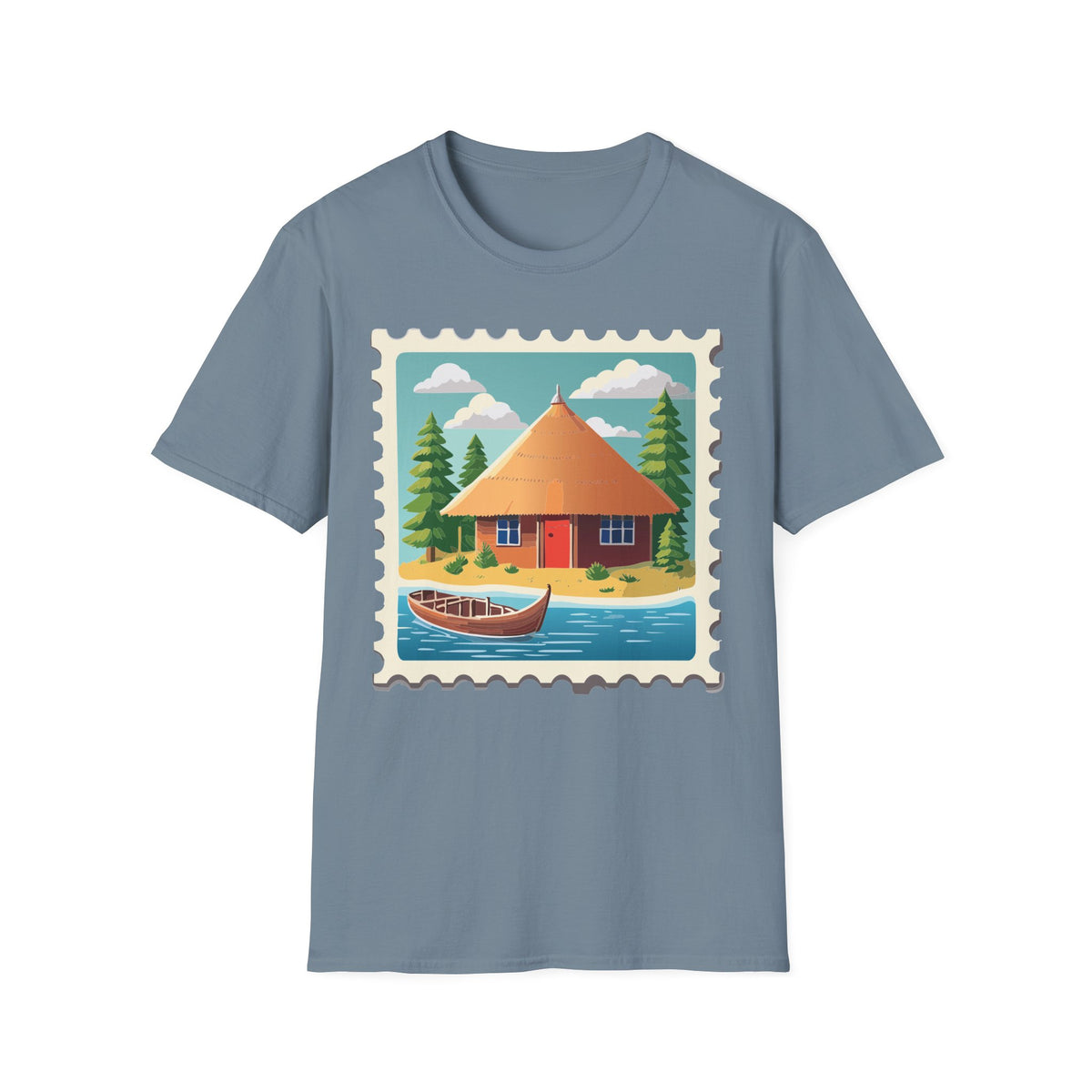Cozy Lakeside Cottage Illustration T-Shirt | Retro Stamp Artwork