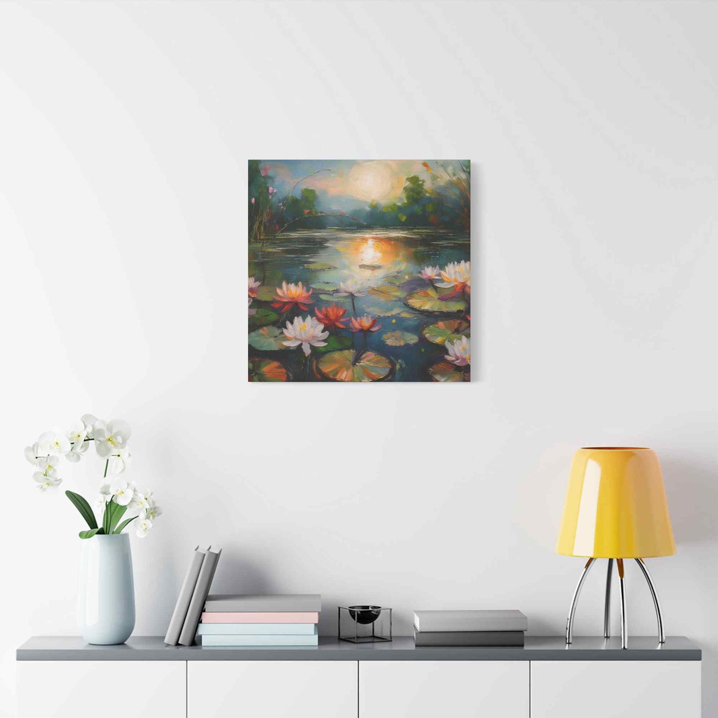 Water Lilies Print Canvas, Oil Paint Print 20x20, 24x24, 30x30, 32x32, 36x36 Floral Art Print Pine-Wood Inner Frame MC-66
