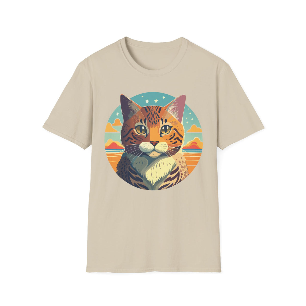 Retro Tabby Cat Illustration T-Shirt | Vintage Sunset Cat Tee