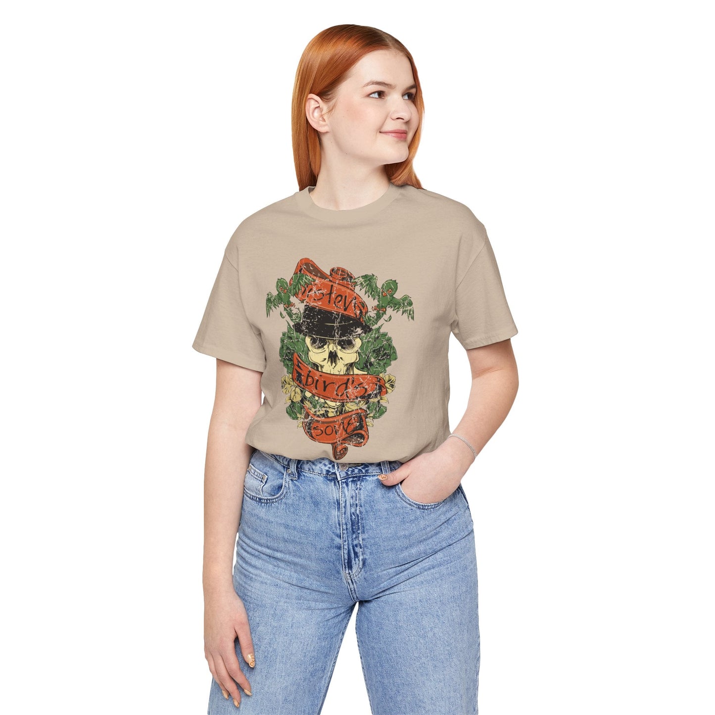 Skull Floral Tattoo Style Graphic Design Unisex Cotton T-Shirt Art-38